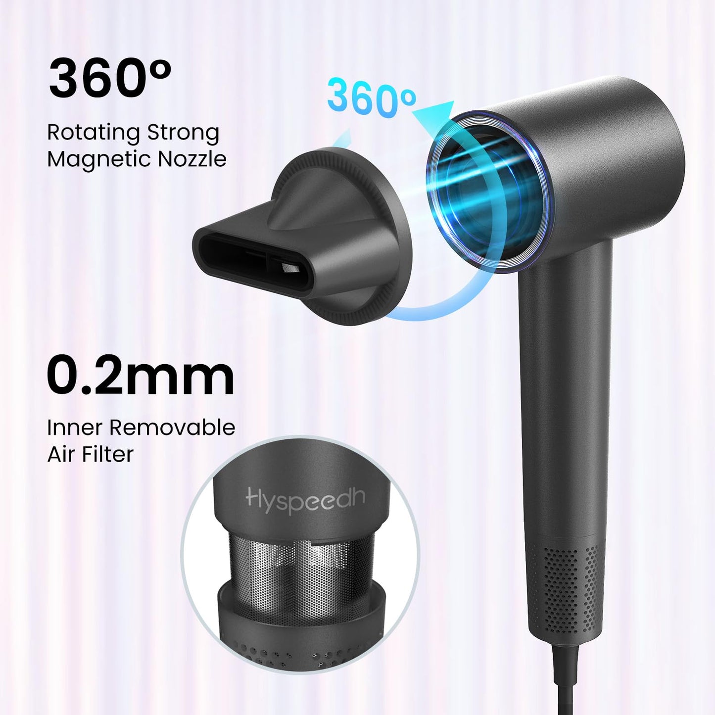 Hair Dryer with 110K RPM High Speed 1400w Motor for 1-4min Fast Dry, 49db Low Noise & 0.86lb Lightweight,2 Billion Plasma & Smart Thermo Control & Strong Magnetic Nozzle Diffuser (Darkgray)