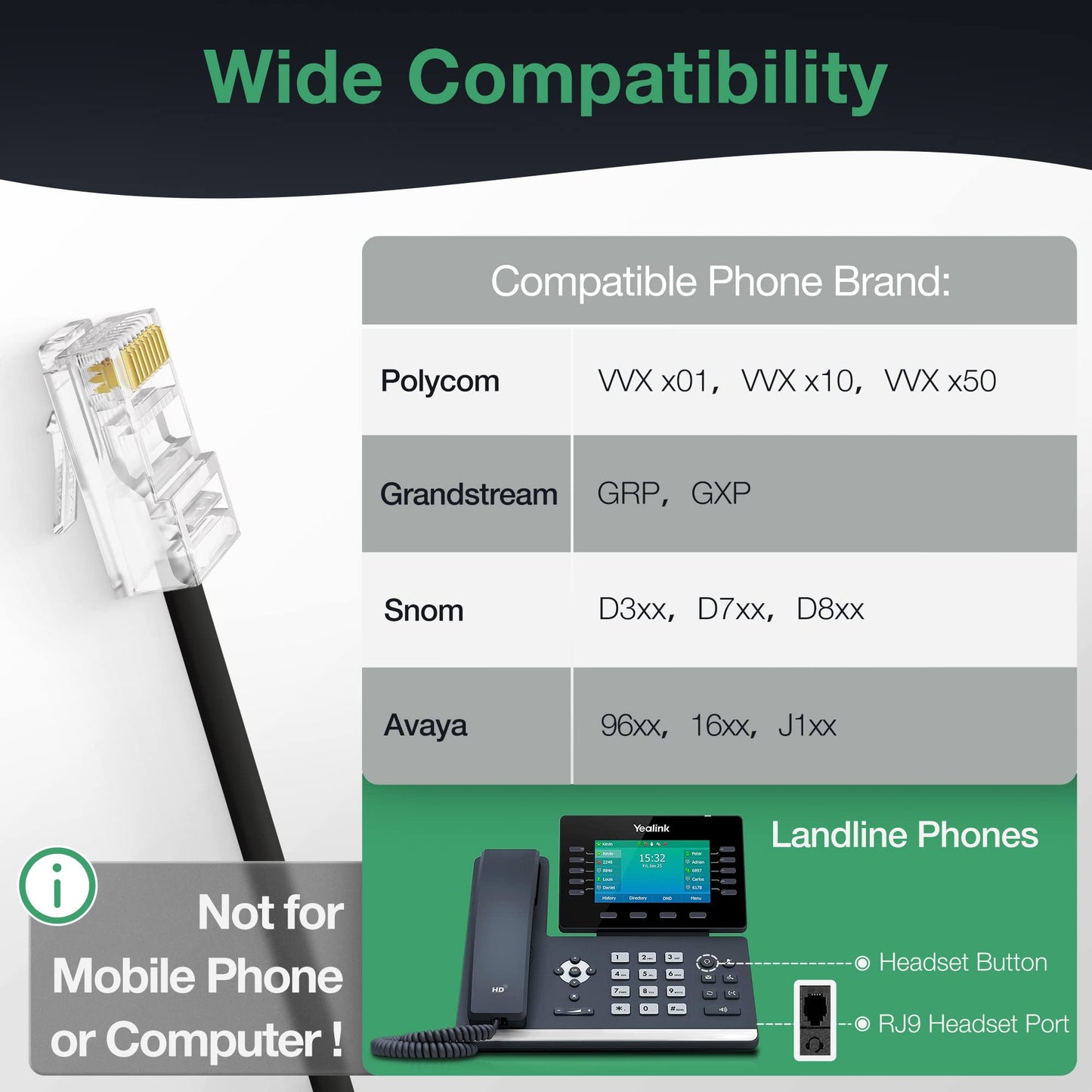 Yealink Phone Headsets for Office Phones YHS34 Lite QD to RJ9 Wired Headset Compatible with Poly Snom Grandstream Phones Desk Landline Headset with Microphone -Mono/68g/2.1m Cable