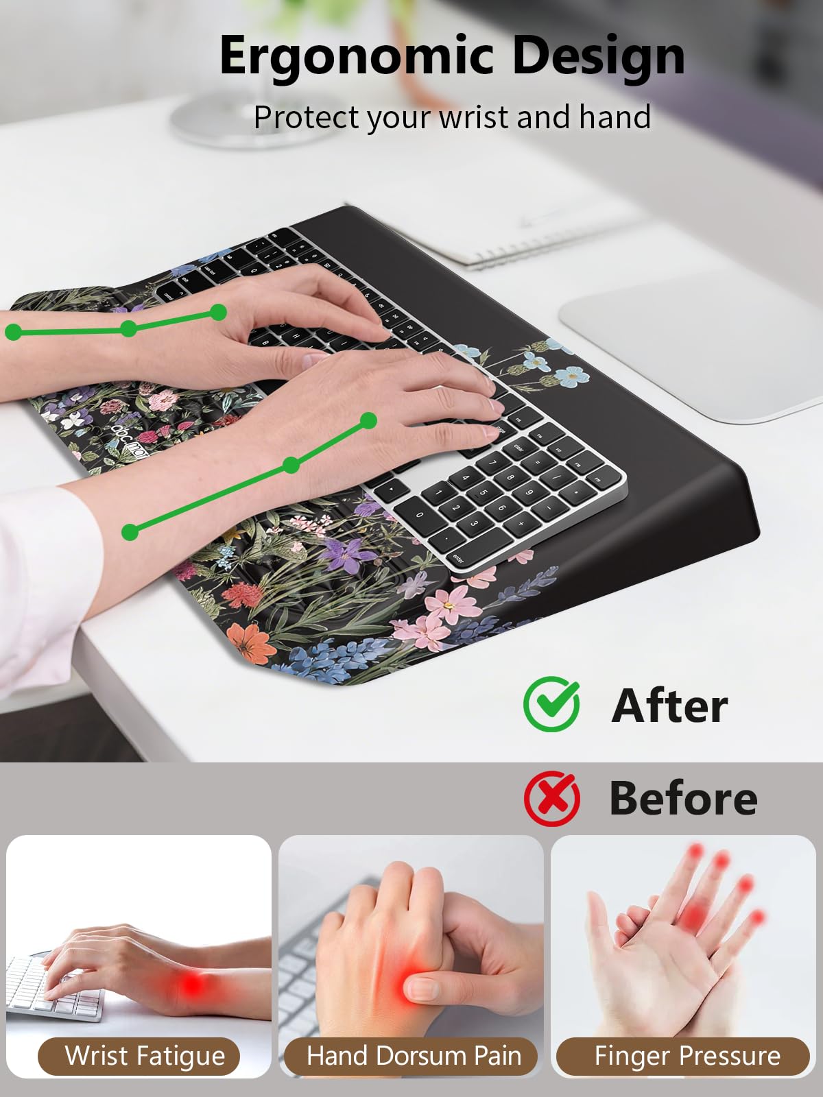 2-in-1 Ergonomic Keyboard Stand with Wrist Rest, Comfy Keyboard Riser Holder with Massage Design, Flower