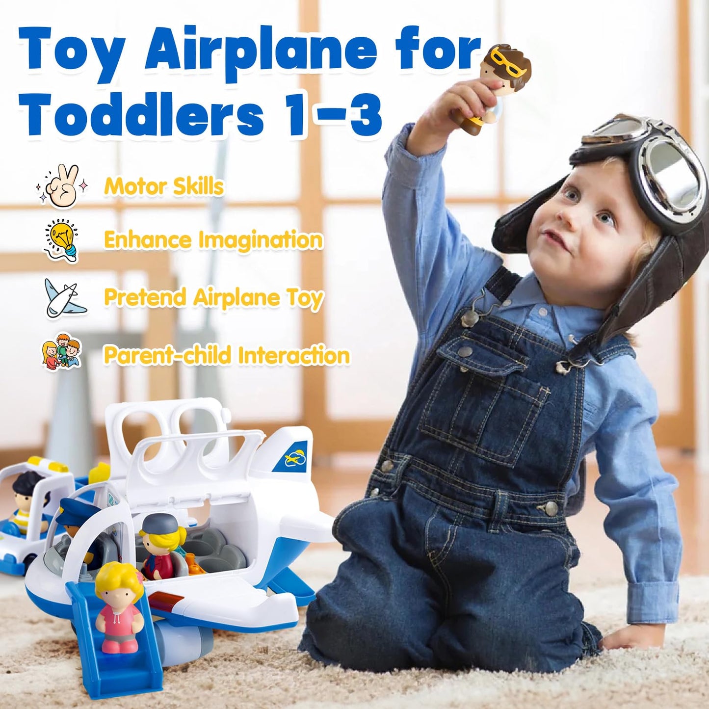 PLAY Airplane Toy for Kids - Toddler Airplane Toys Travel Plane Toys for Kids 2+ Years Old with Small Figures & Baggage Carrier, Musical Toy Airplane with Lights for Boys Girls Gifts Birthday