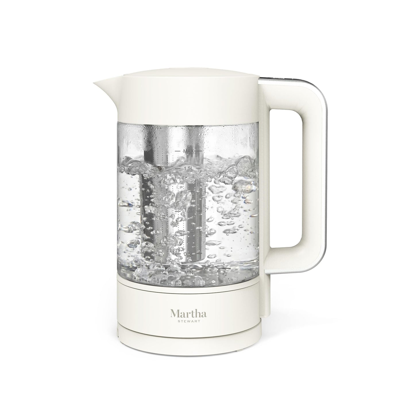 Martha Stewart Electric Kettle with Removable Stainless Steel Tea Infuser, Glass Carafe 1.7L (7 Cups), Hot Water Boiler, 4 Presets, Keep Warm & Auto Shut-Off, Cordless 360° Swivel Base, Linen Cream