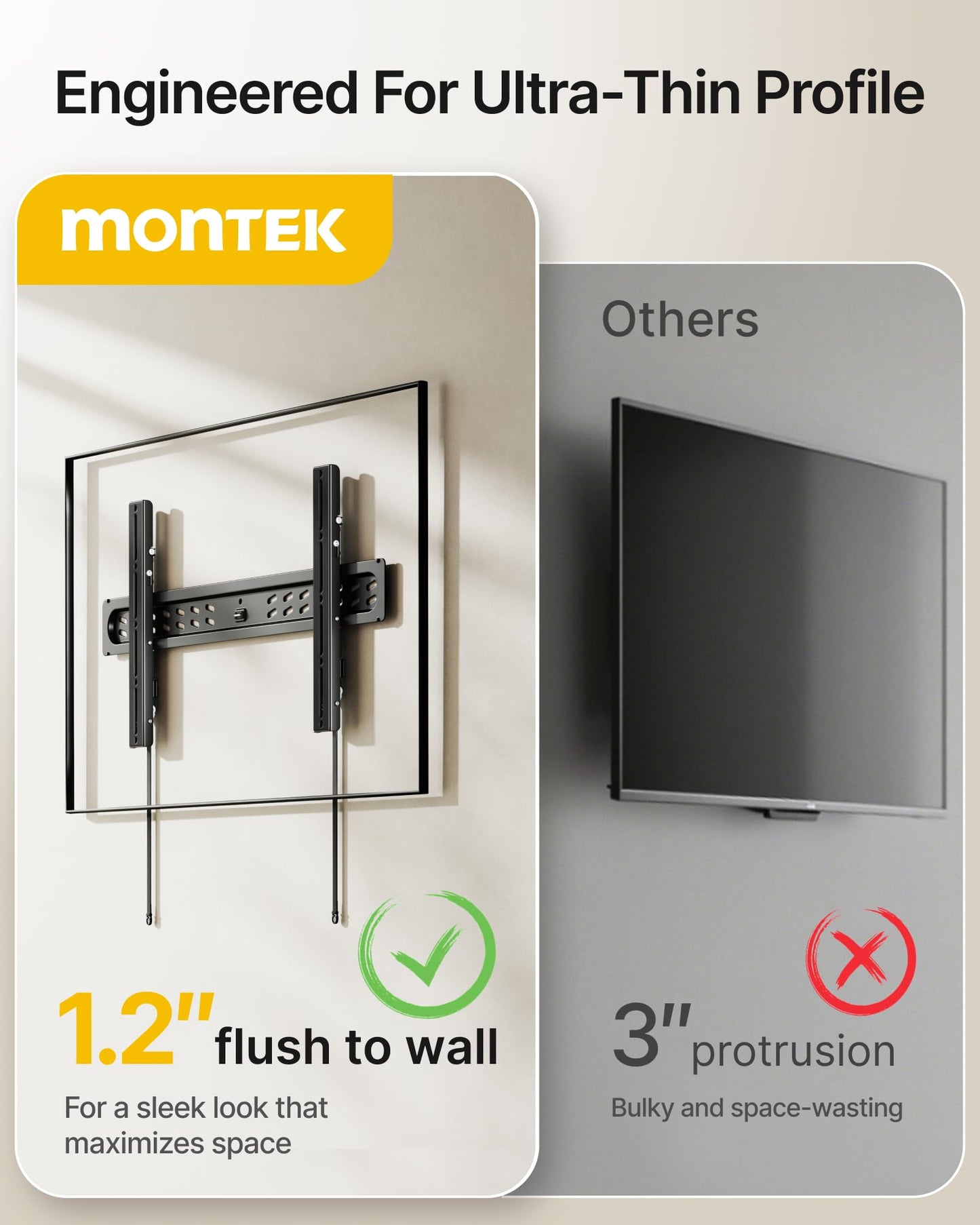 monTEK Ultra Slim Tilting TV Wall Mount Bracket for 43–95" Flat & Curved TVs, 1.2" Low Profile, Anti-Glare Tilt, Holds 150 lbs, Supports VESA 800x400, Fits 16"/18"/24"/32" Studs