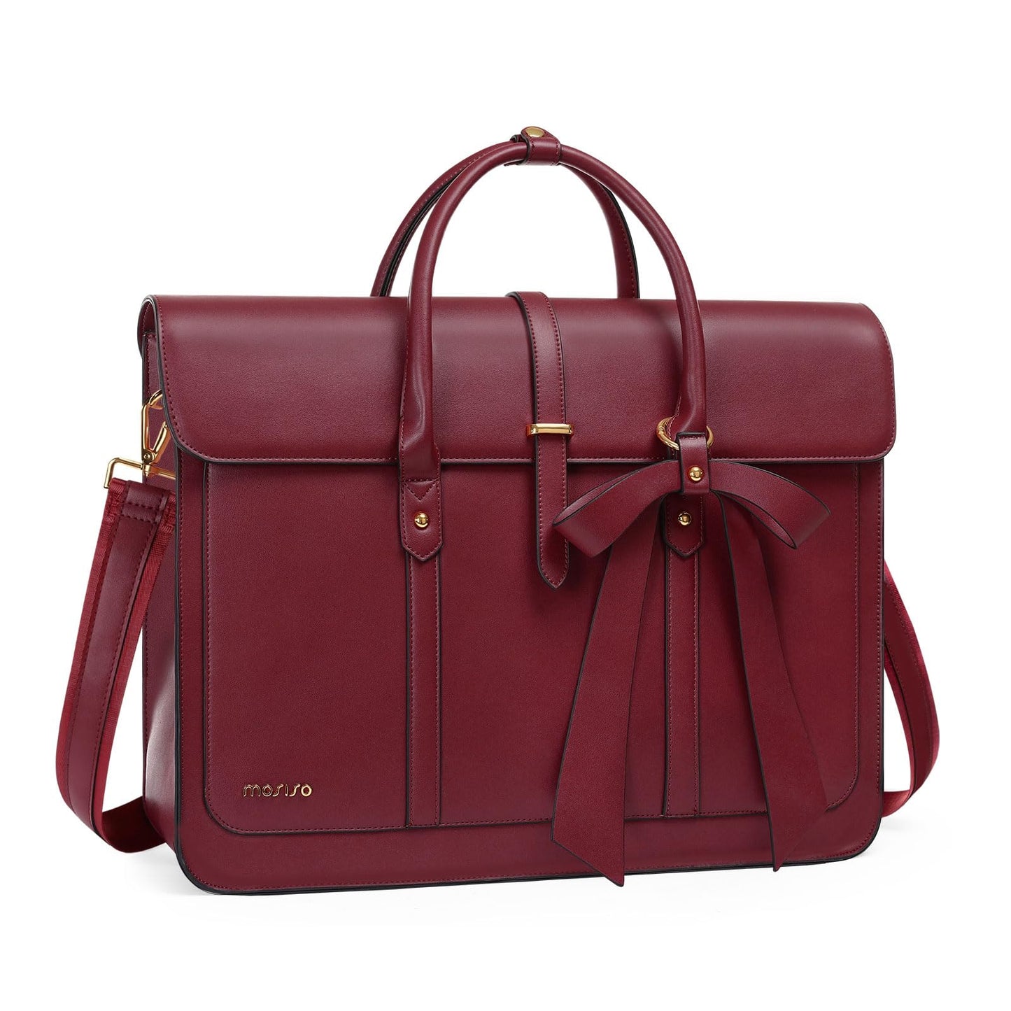 MOSISO Laptop Bag for Women, 15-15.6 inch PU Leather Laptop Shoulder Bag Convertible Backpack, 16 inch Messenger Bag Casual Handbag Work Briefcase Travel Computer Bag with Bowknot, Wine Red