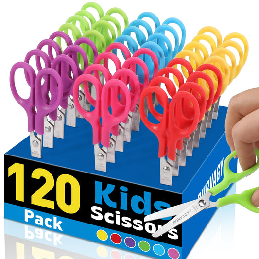 BURVAGY 120Pack 5" Small School Student Blunt Craft Kids Scissors, Sharp Stainless Steel Blades Safety Comfort Grip Scissors for Kids Children Cutting Paper, 5Inch