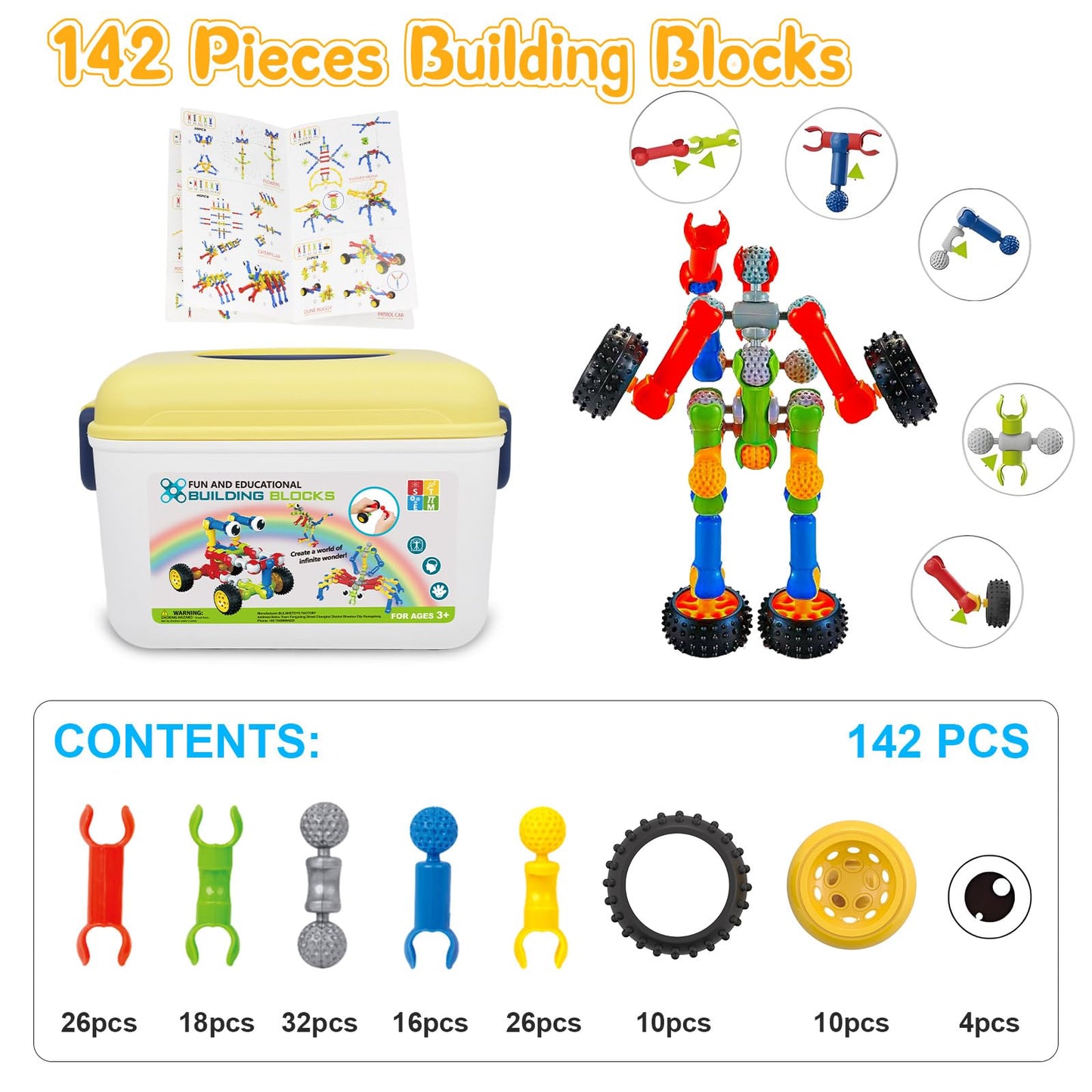 Caferria - STEM Building Blocks for 3 4 5 6 7 8 Year Old Birthday Gift 142 Pieces Building Toys for Preschool Classroom Educational Toy Building Sets