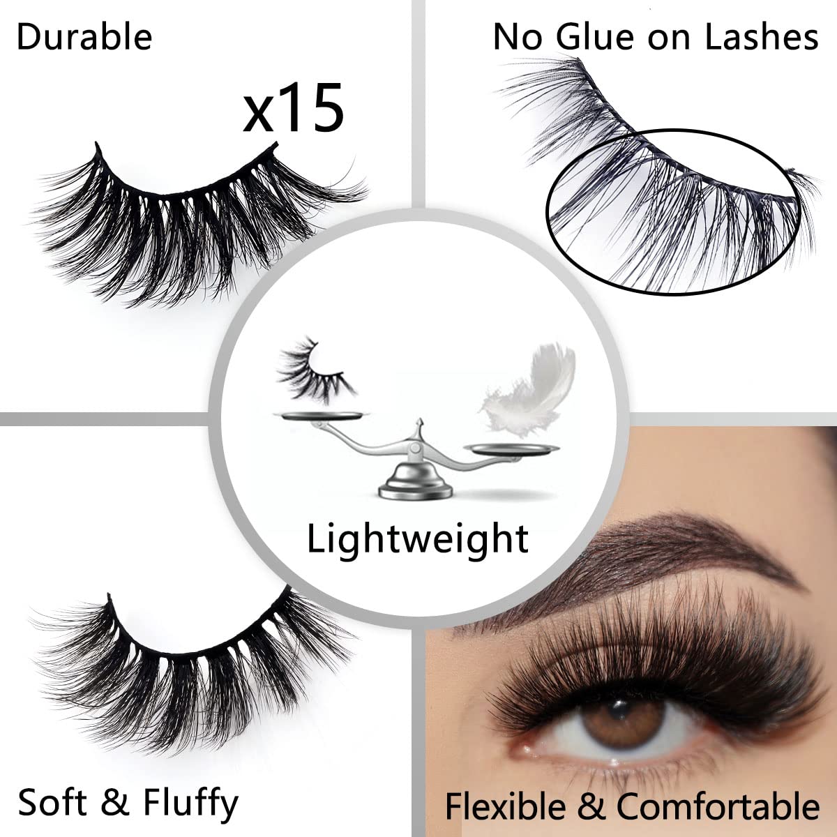 Wholesale Mixed Lashes Pack 3D Faux Mink Eyelashes 5 Style 100 Pairs Fluffy Volume Natural Charming Look Medium Length Eyelashes Cotton Band Handmade Reusable Soft False Eyelashes (5 styles-100 pairs)