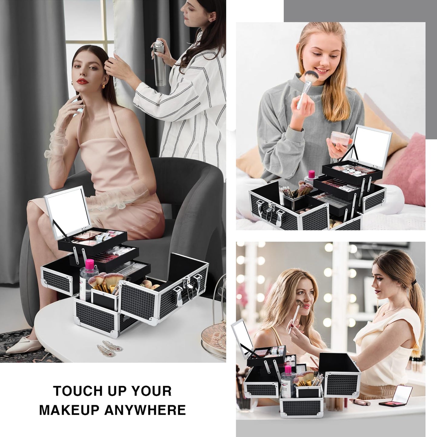 Joligrace Makeup Box Organizer 11.8 Inch Large Makeup Case 3-Tray with Mirror Carrying Make-up Train Case with Brush Holder Locking Portable Cosmetic Travel Storage Shiny Black