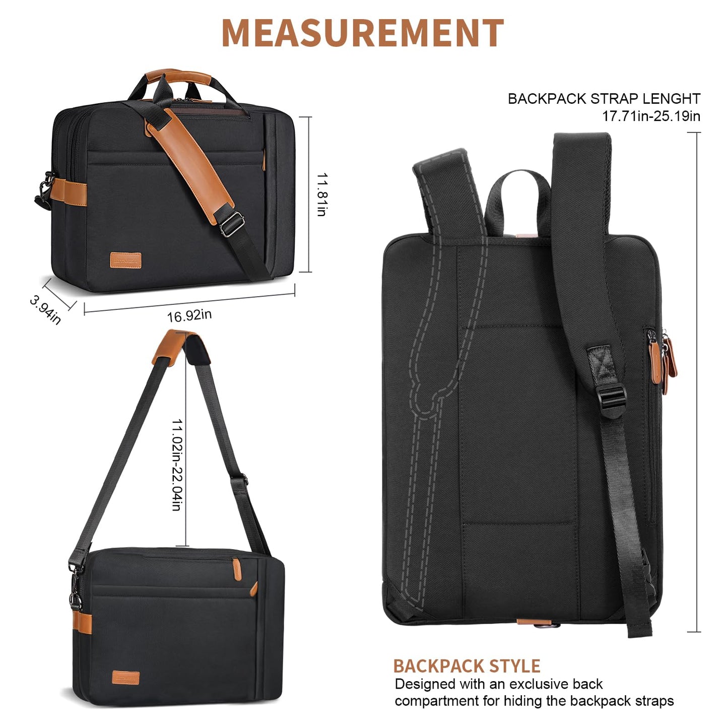 ESTARER 3 In 1 Laptop Bag for Men, 17-17.3 Inch Laptop Backpack Computer Satchel Bag for Work/Travel/Business, Convertible Backpack Briefcase Water resistant Nylon Messenger Backpack (Black)
