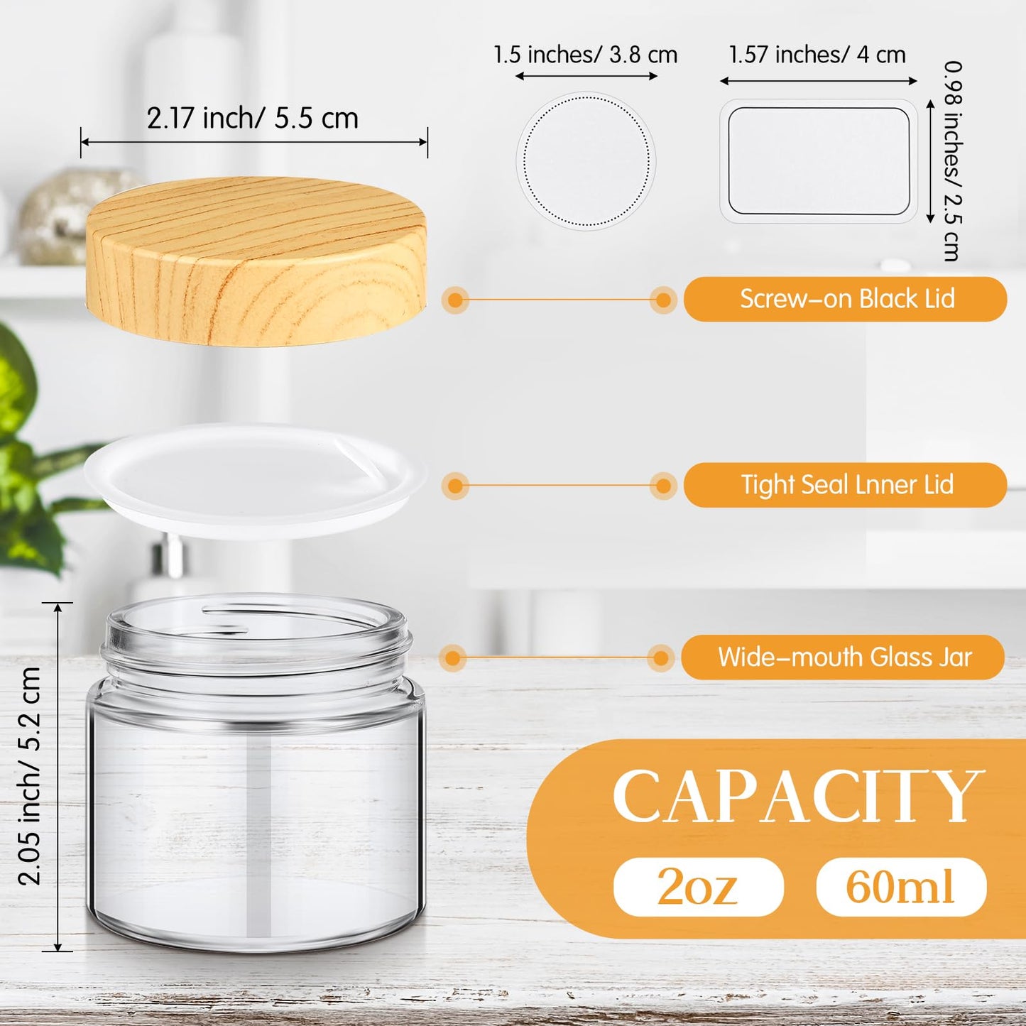 Layhit 24 Pcs Glass Jars with Lids Clear Small Jars with Woodgrain Lids, White Labels and Inner Liners Empty Round Cosmetic Containers for Creams Lotions Powder Ointments Candle Making(2 oz)