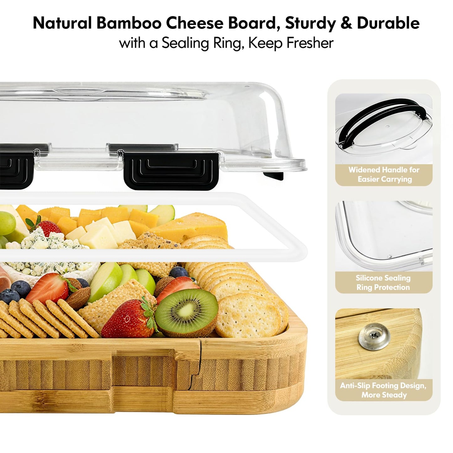 Charcuterie Board with Lid Gift Set - Cheese Bamboo Tray with Utensils, 2 Sauce Bowls,Fruit Tray and Food-Grade Seal Included - Portable with Handle for Travel, Parties, Kitchen Gifts for Women