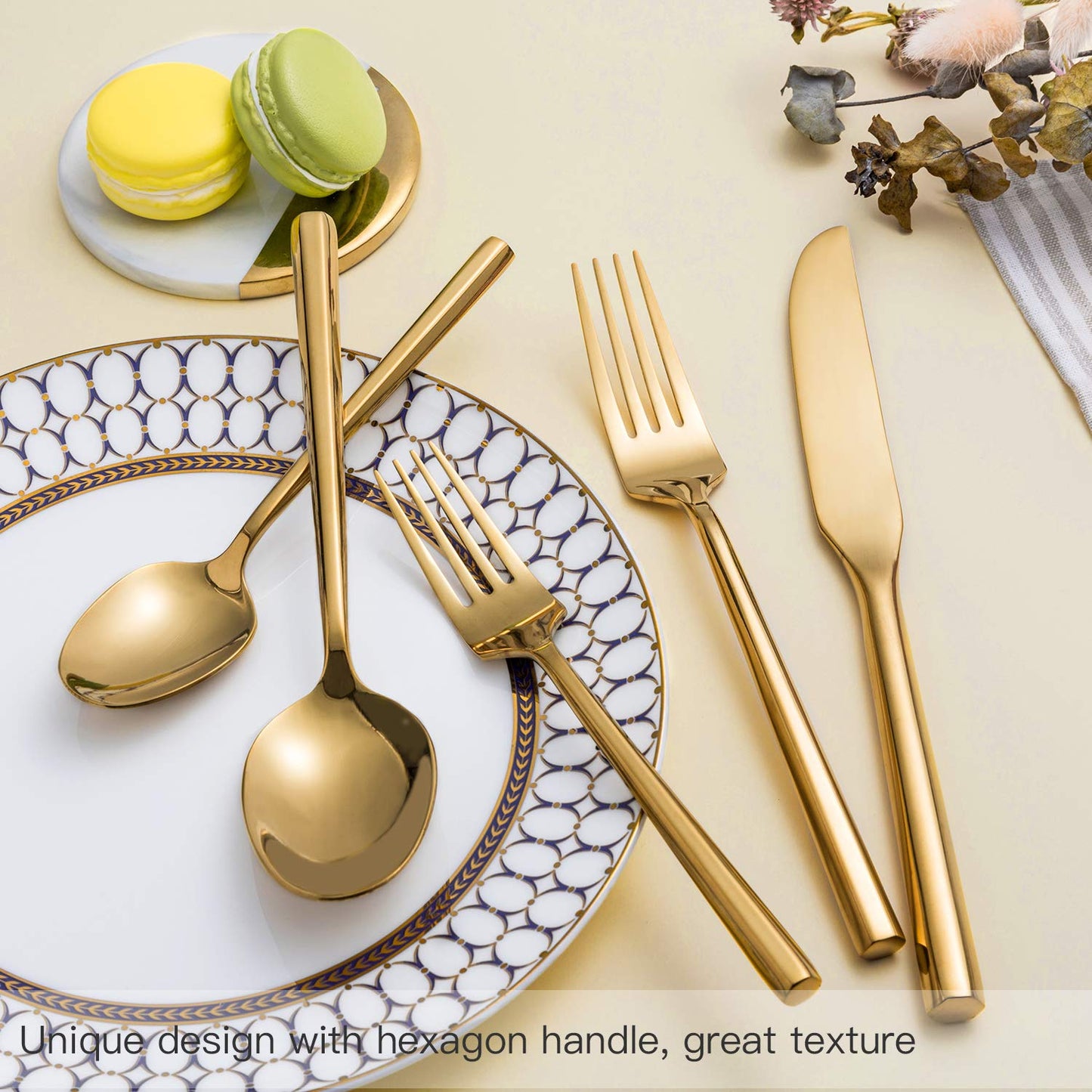 Kelenfer Silverware Set Flatware Set Shiny Gold Cutlery Set with Hexagon Handle Forged Stainless Steel Heavy 20 Pieces For Home Hotel Use Service for 4