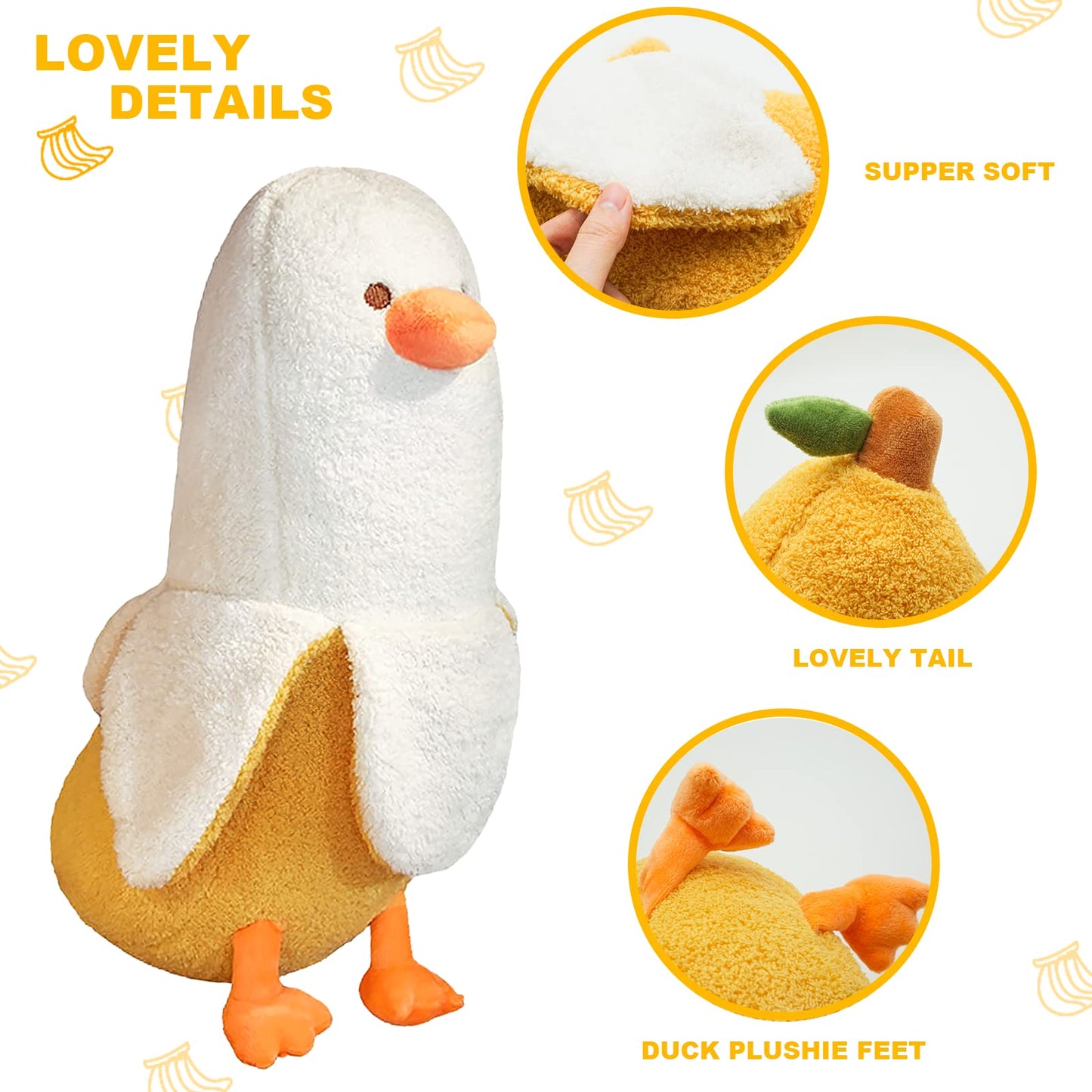 PEACHCAT Banana Duck Plush Toy Cute Plushie Hugging Plush Pillow Duck Stuffed Animal for Girls and Boys White 27.5"