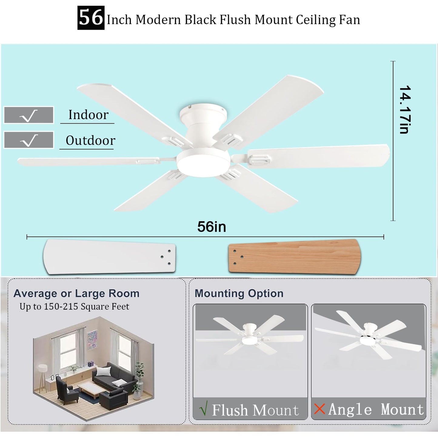 KNUN 56 inch Ceiling Fans with Lights, White Flush Mount Ceiling fan with Light and Remote/APP Control, 3CCT,Dimmable, Noiseless, Low Profile Ceiling Fan for Bedroom, Patio, Indoor/Outdoor Use