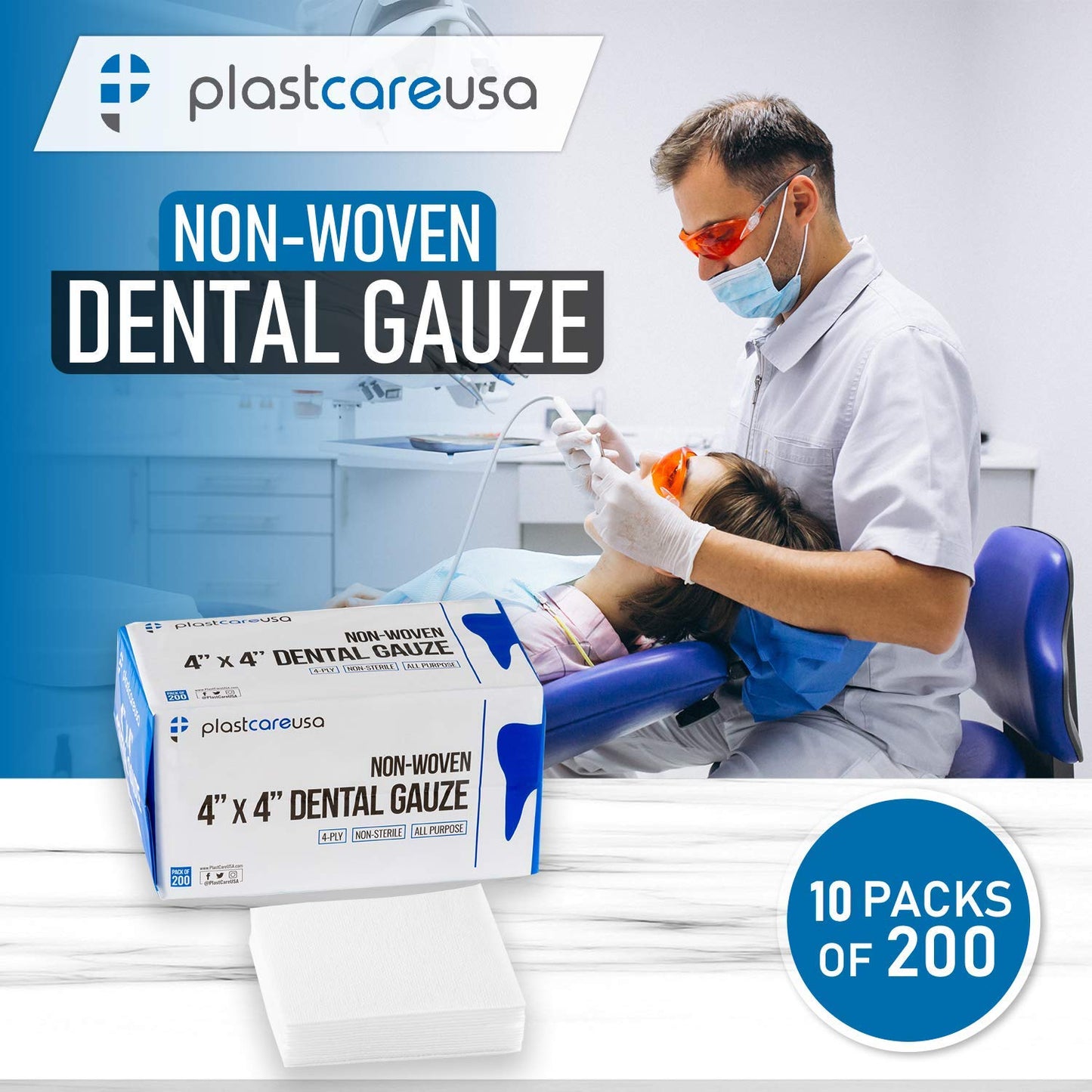 2000 Count 4x4 Gauze Pads - Soft 4-Ply Non Woven Gauze Sponges - Non Sterile Dental & Esthetic Wipes - All Purpose Medical Cotton Squares for First Aid, Surgical, Wound Dressing (10 Packs of 200)