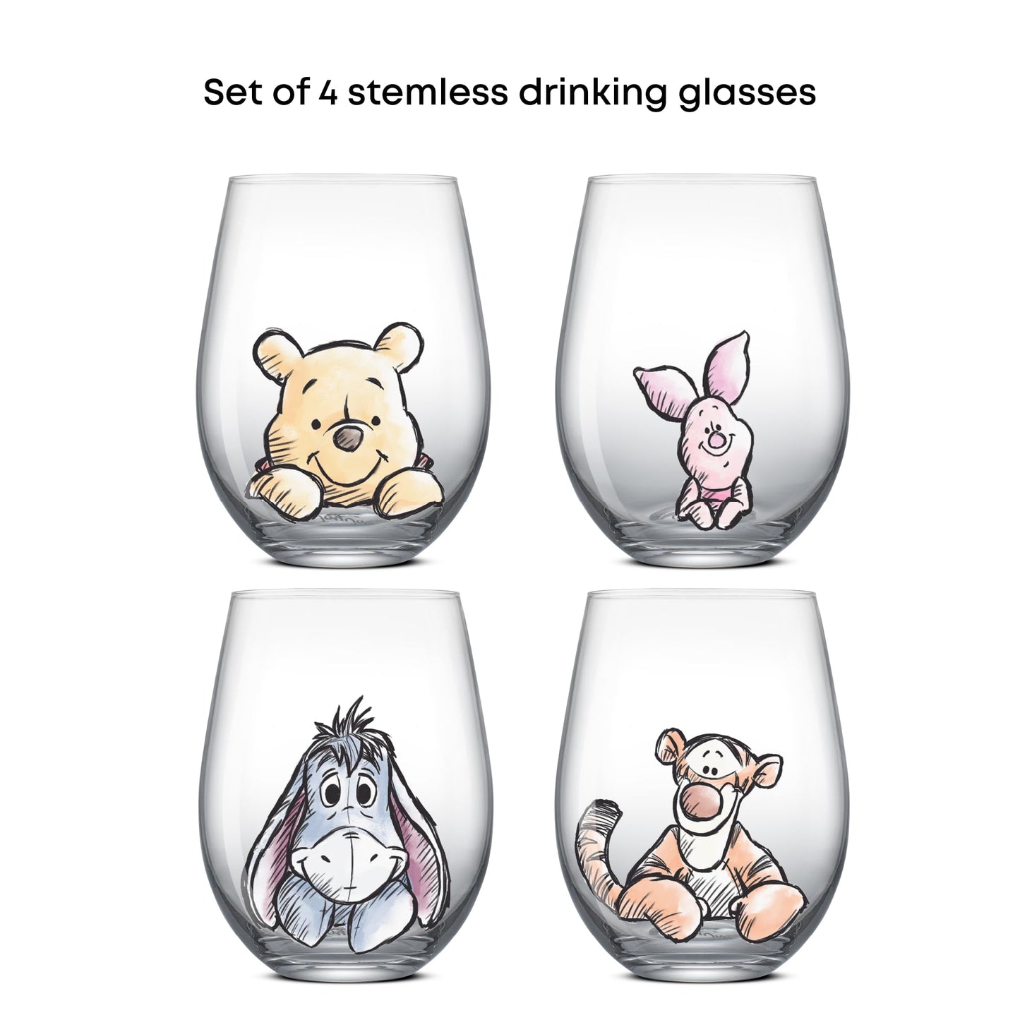 JoyJolt Disney Winnie the Pooh Exploring a Classic Stemless Drinking Glasses, 19oz Glass Cups ft Pooh Bear Tigger Piglet Eeyore, Kitchen Glassware Set of 4, Winnie the Pooh Adult Gifts
