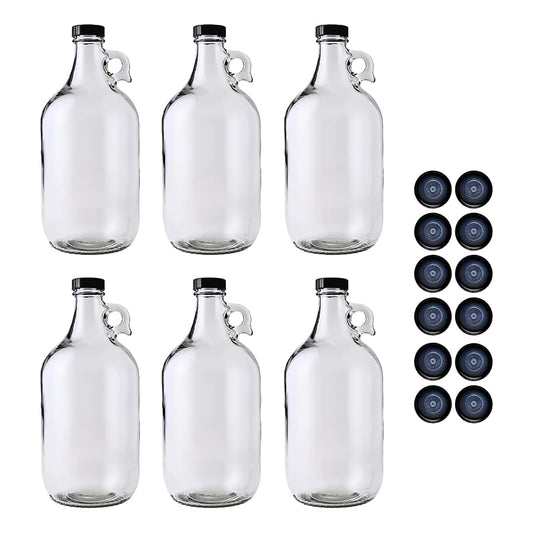 Fastrack 6-Pack Half-Gallon Glass Jug Set (64 oz) w/12 Polyseal Caps & Black Jar Gripper Pad – Multipurpose Half Gallon Jug, & Detergent Dispenser for Laundry, Glass Jar for Liquids, Water & Juice