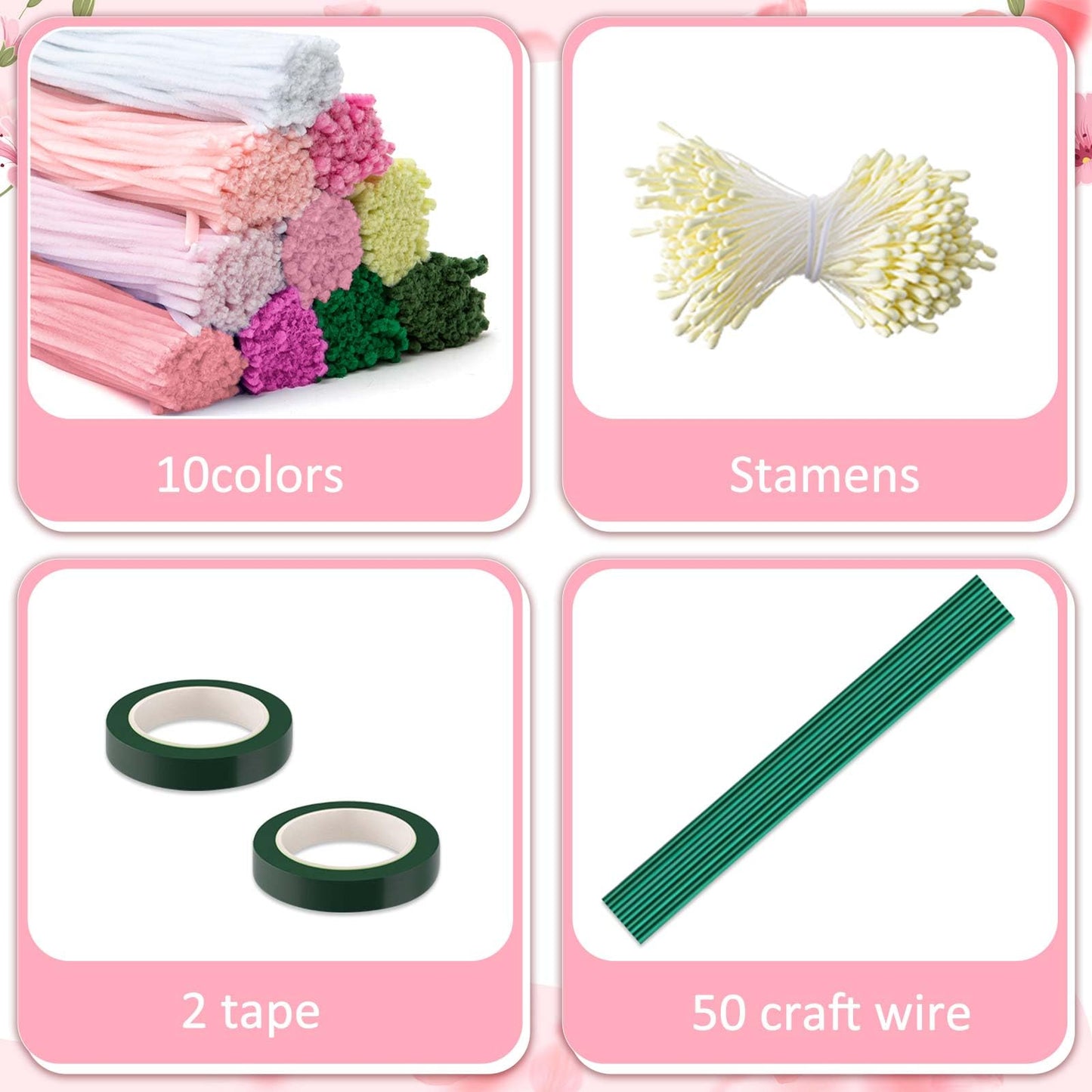 Peryiter 12 Inch Pipe Cleaners Flowers Set 1000 Pcs Chenille Stems Craft Supplies Bulk for Tulip Bouquet Making, Art DIY Craft Projects Creative Gift Party Decorations (Pink Flower)