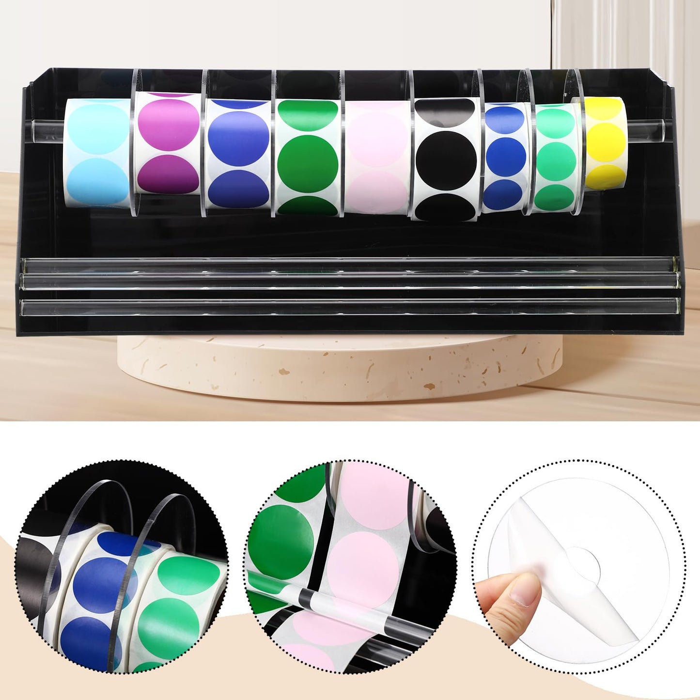 Feifeiya Adjustable Label Dispenser Acrylic Sticker Roll Dispenser Label Roll Holder Multi Use Sticker Holder Organizer Stand for Home Office Restaurant Kitchens Bakeries and Cafes(9 Disks)