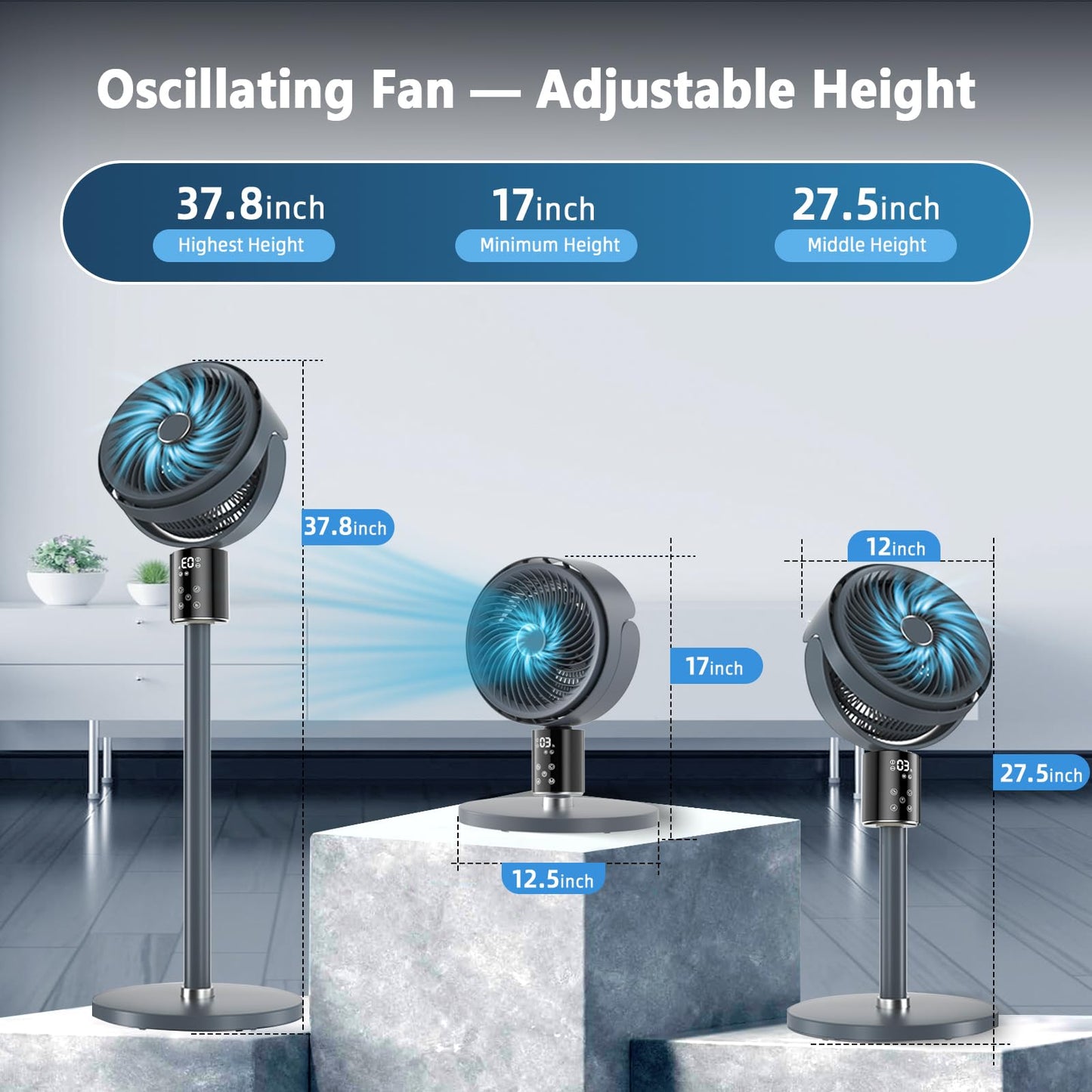 100ft CirculAir Oscillating Standing Fan for Bedroom, Quiet Pedestal Floor Fan with 17"-37.8" Adjustable Height, AC Motor, Ultra Quiet 36-50dB, Touch & Remote Control, 3 Speeds, 12H Timer