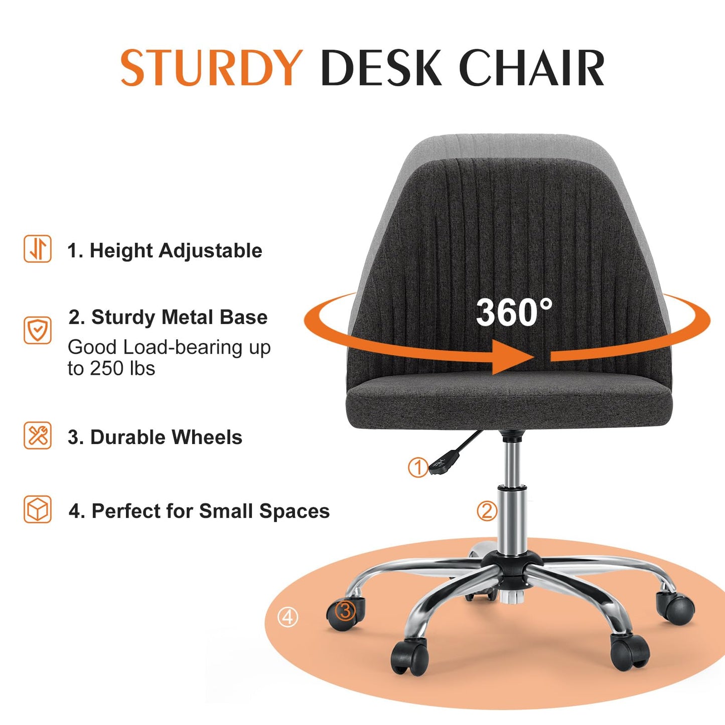 Sweetcrispy Armless Vanity Chair, Cute Comfy Home Office Desk Chair with Wheels, Modern Upholstered Task Computer Seat for Bedroom, Study, Makeup Vanity, Height Adjustable & Swivel, Deep Gray