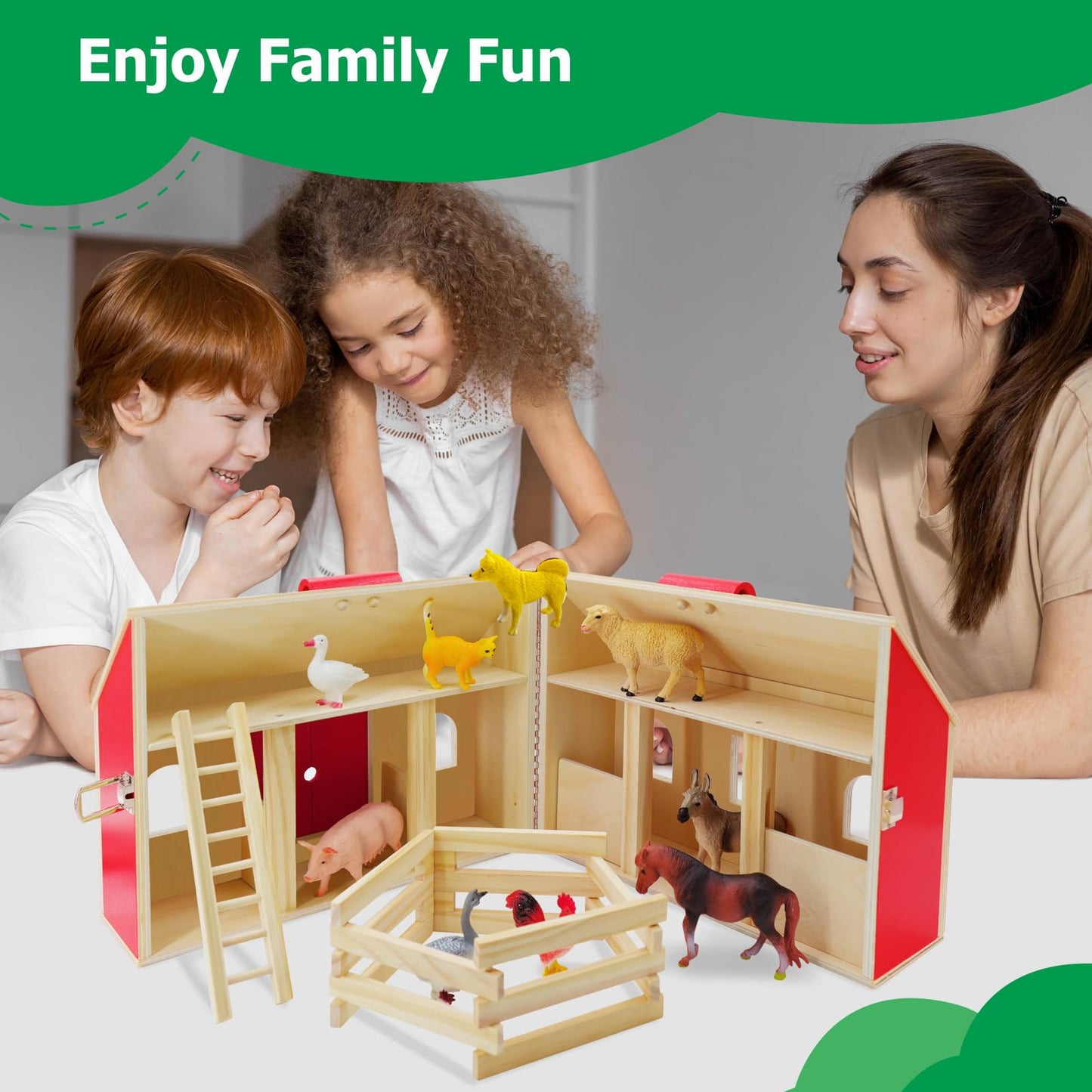 SIMPLIPLAY Farm Animal Toys with Portable Large Wooden Barn for Kids 3+ Years Old, 10 PCS Farm Animal Figures for Boys, Girls, Animal Lovers, Ideal Gift for Kids Toddlers, Improve Fine Motor Skills