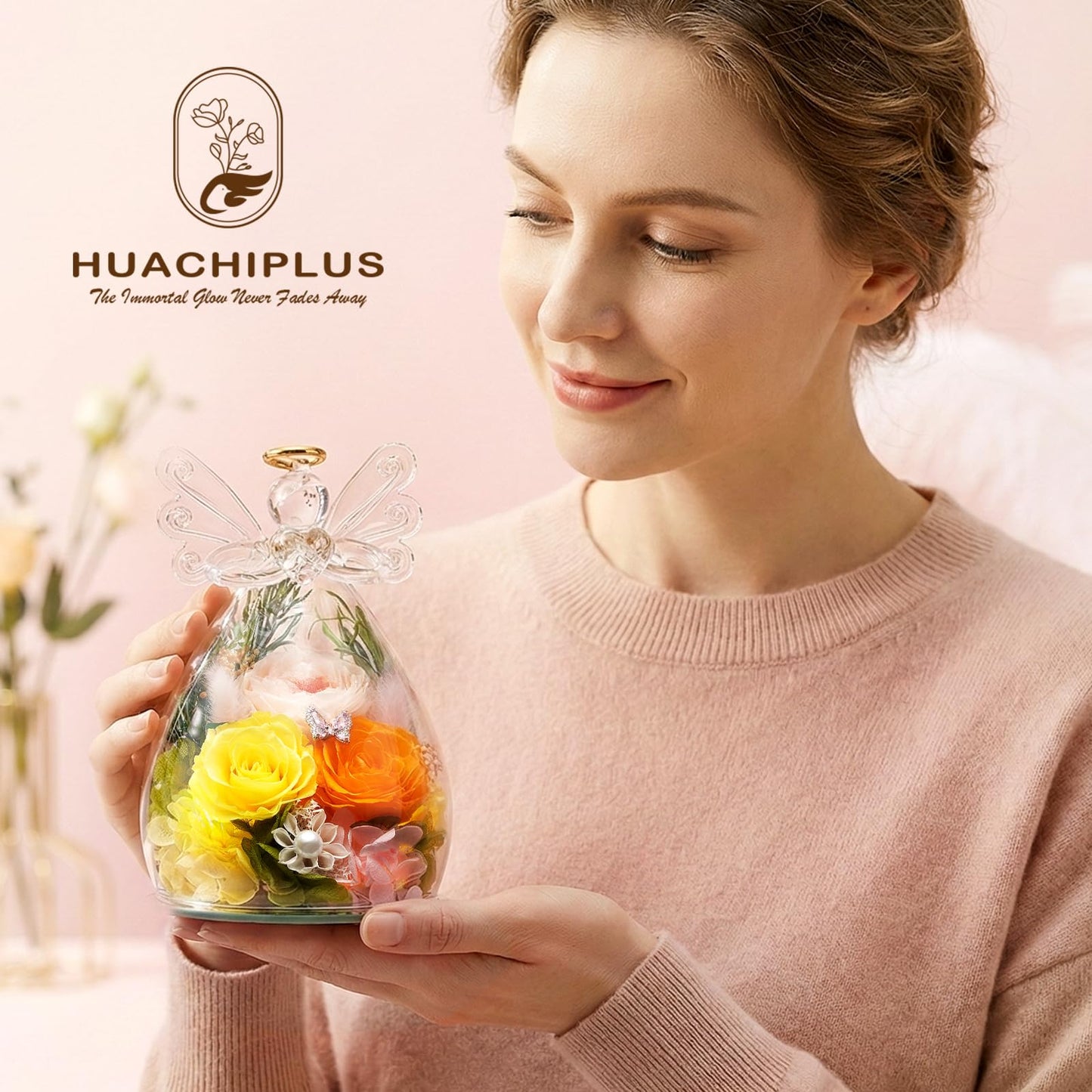 Forever Flower Gifts for Her: Blessed Flowers for Graduation-Daughter Wife Mom Grandma-Preserved Flowers in Glass Angel-Flowers for Delivery Prime on Birthday Anniversary Valentines (Orrange 1)