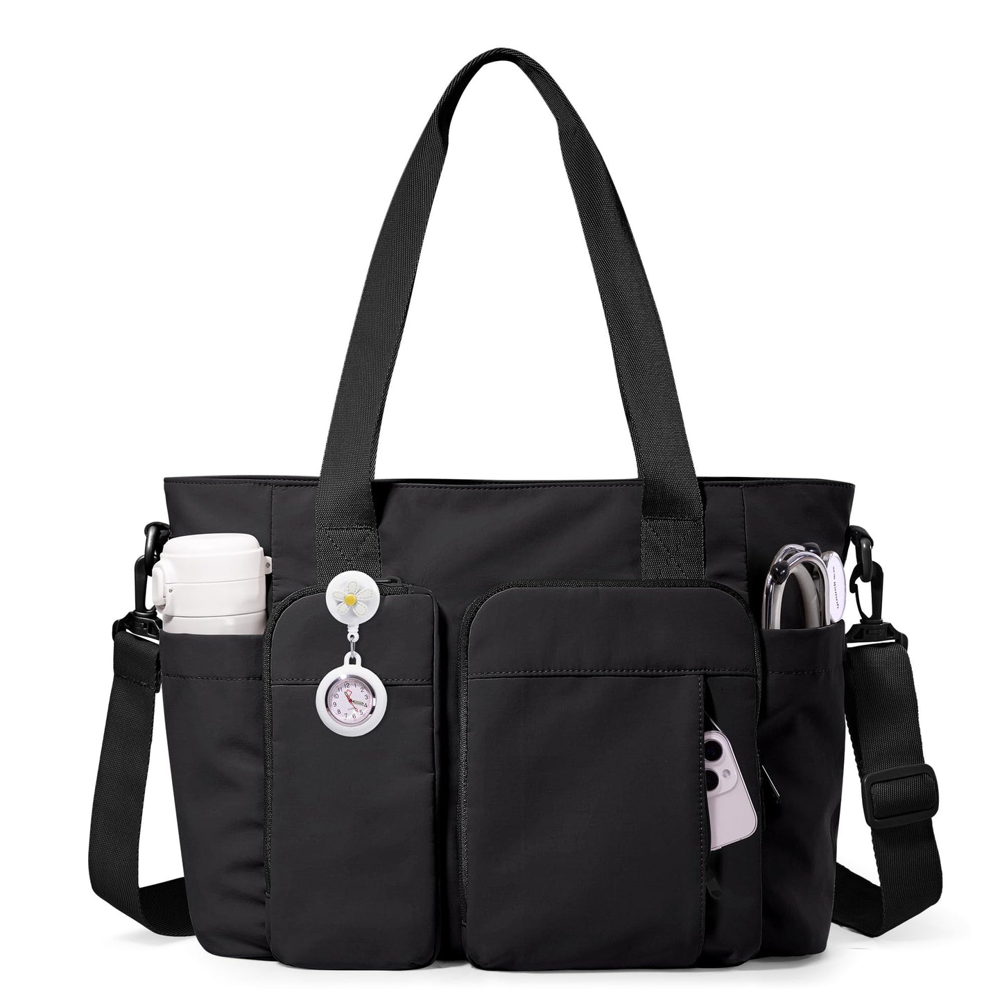 Marscamd Nurse Tote Bag with Crossbody Strap, 9-Pocket Clinical Bag for Nursing Students with Laptop Sleeve, Bag for Work, School, Teacher, Black
