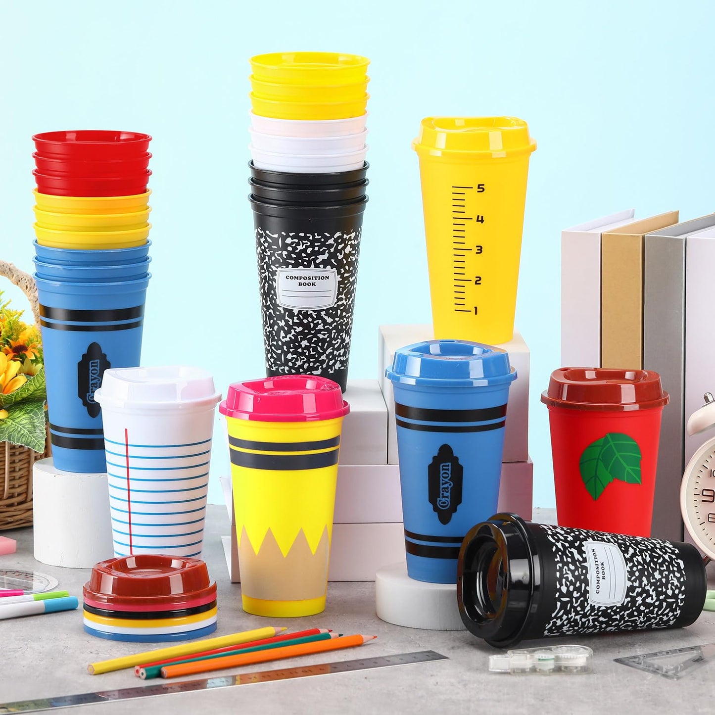 Skylety 24 Pcs Back to School Gifts for Teaher Teacher Appreciation Gift Bulk Teacher Appreciation Tumblers Bulk Reusable Plastic Coffee Cup with Lid (Elegant)