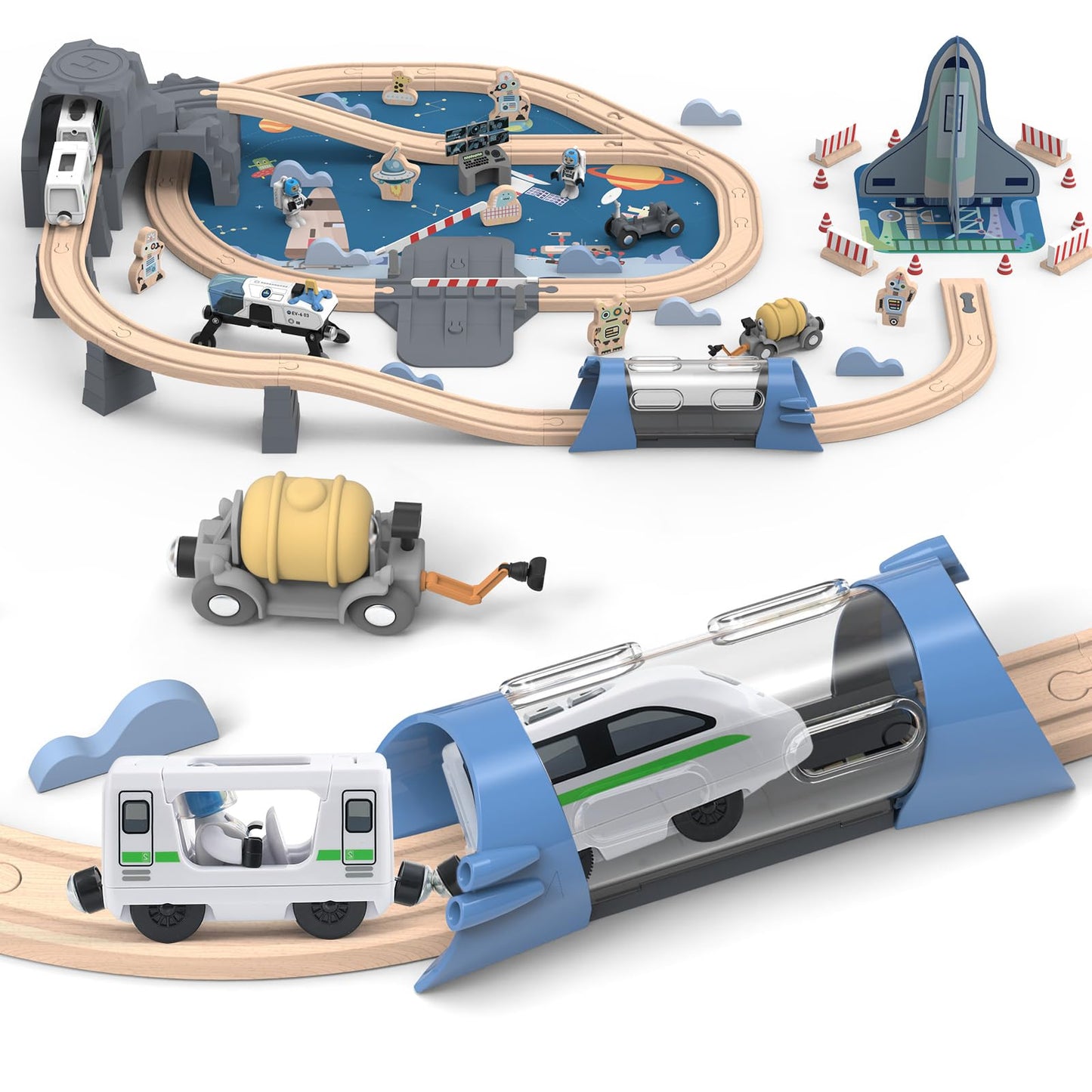 JugueteLand 82 Pcs Wooden Train Set for Toddlers, Magnetic Train with Track for Kids Ages 3-6, Compatiable with Major Brands, Space Railway Playset Gifts for Boys and Girls Ages 3+