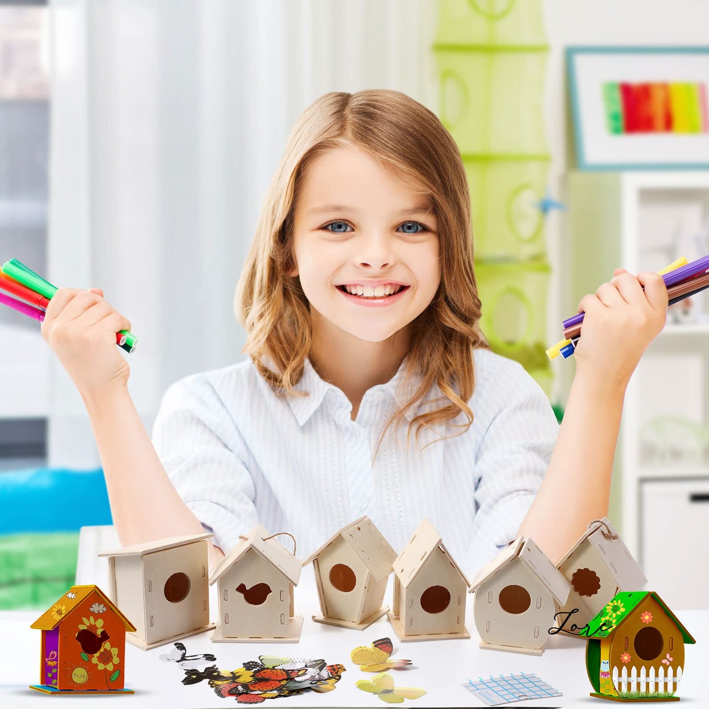 Sawysine 107 Pcs DIY Birdhouse Kits for Kids Ages 5-8 8-12, 48 Wooden Bird House Kits in 6 Shapes and 57 Butterfly Sticker for Children Spring Craft Activity Art DIY Project(Cute Style)