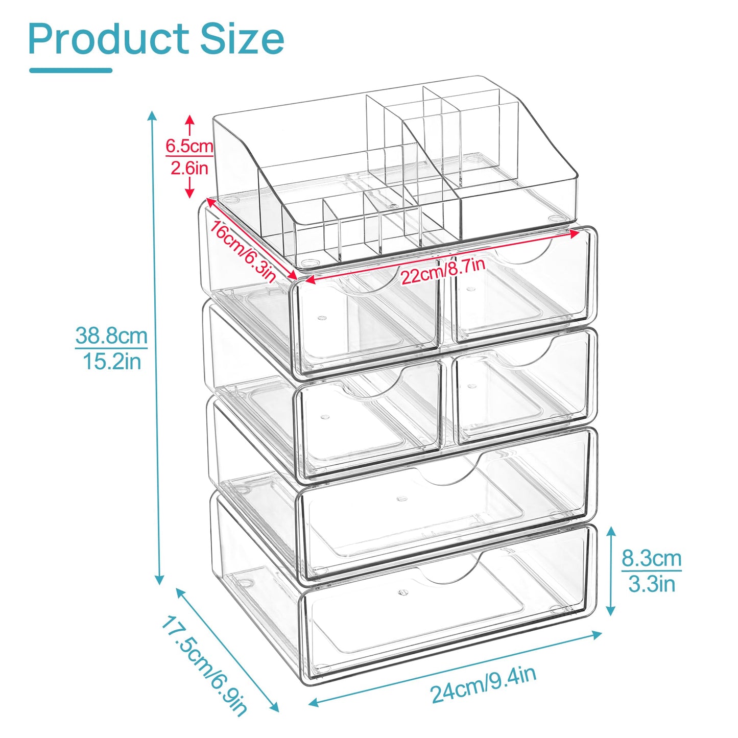 Vtopmart 5 Tier Clear Makeup Organizer with Drawer, Cosmetic Storage for Dresser Countertop and Bathroom Vanity, Beauty Holder for Lipstick Brush Skincare