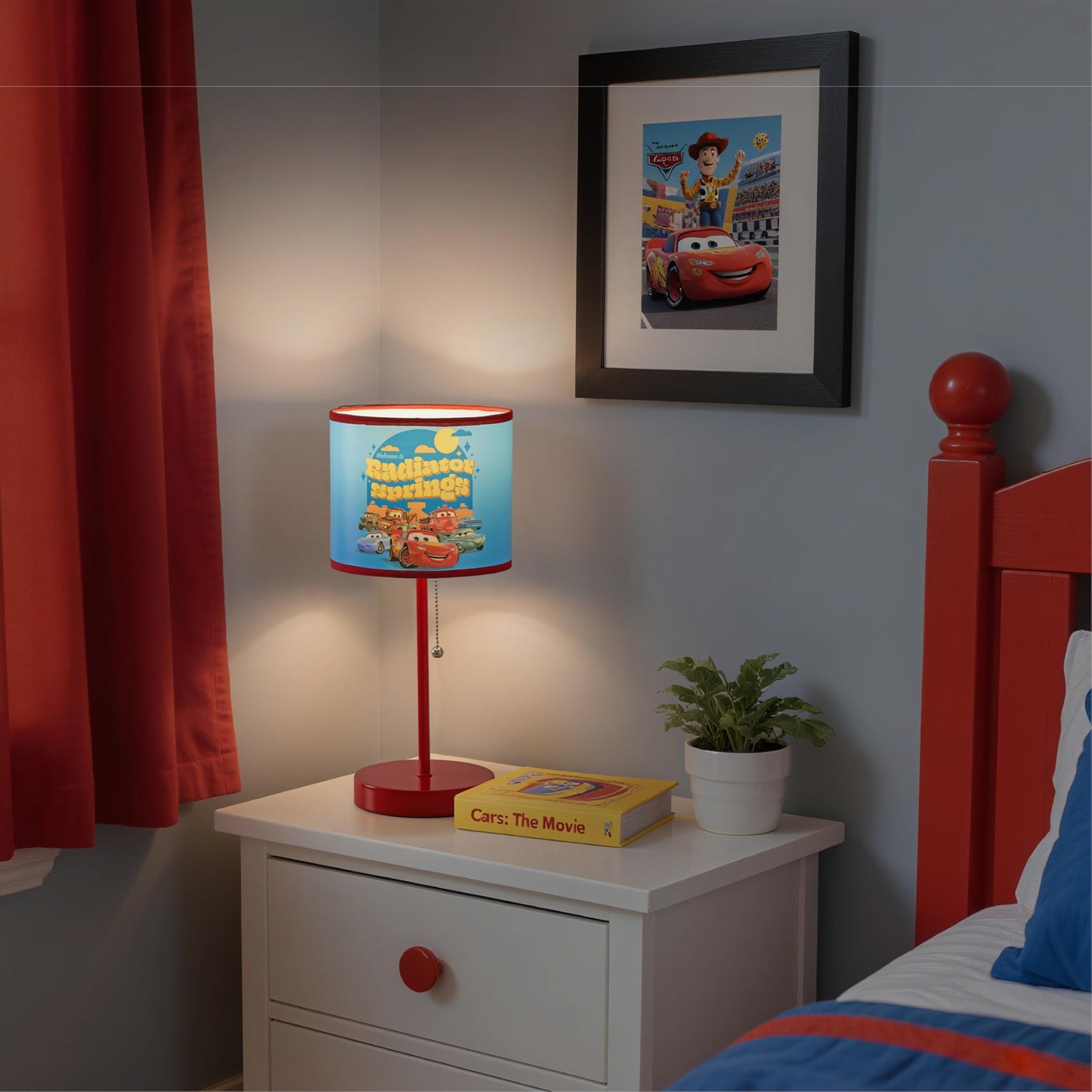 Idea Nuova Table Lamp for Kids, Stick Lamp with Printed Shade & Pull Chain, Bedroom or Nursery Nightstand Lighting,Cars