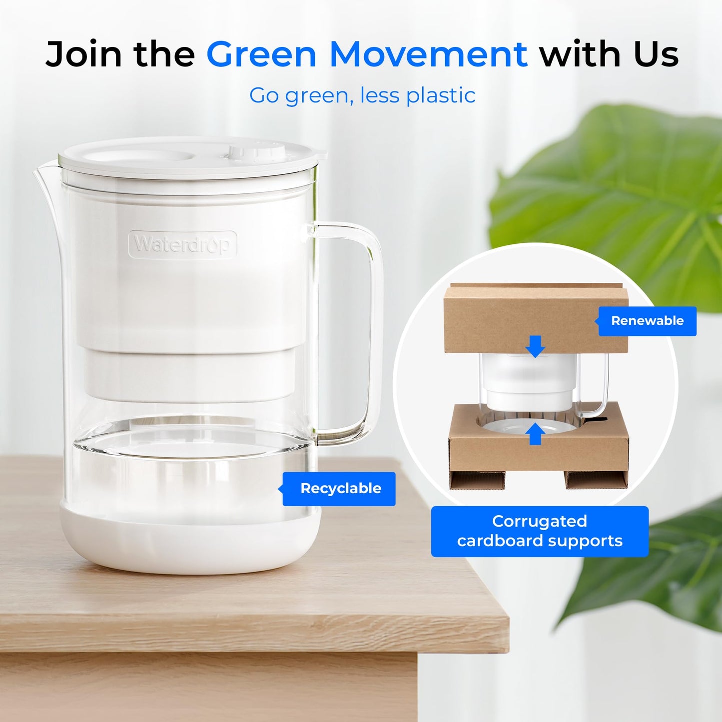 Waterdrop Large Glass Water Filter Pitcher, Eco-Friendly, with 1 NSF 53&42&372 Certified Filter, 10-Cup, Reduces PFOA/PFOS, Chlorine, Cadmium, Copper, Mercury, BPA Free, Easy to Clean, White