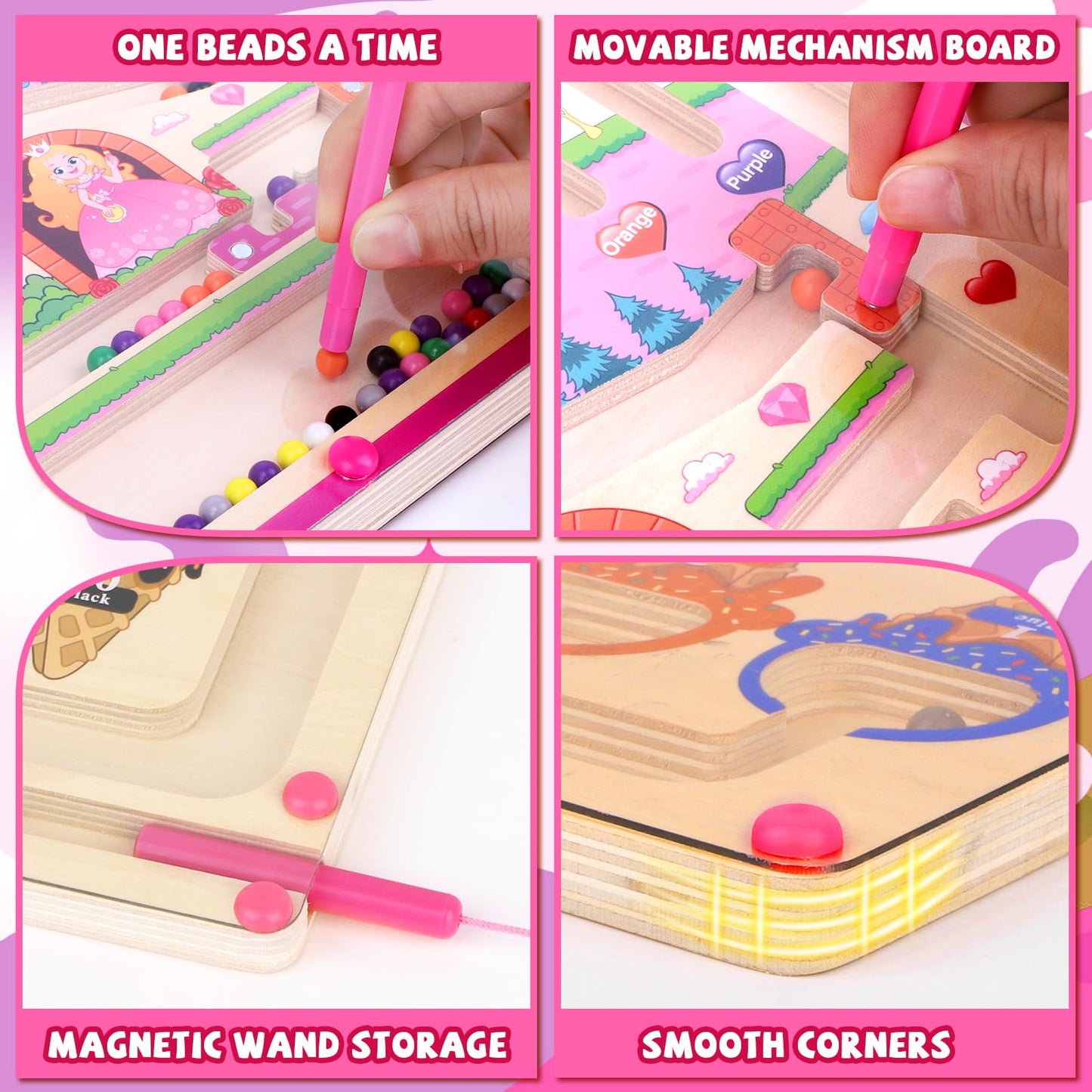 2 in 1 Magnetic Color and Number Maze,Montessori Toy for Toddler Girls,Wooden Magnet Balls Puzzles,Toddler Busy Board Game,Preschool Learning Activities (Princess & Ice Cream)