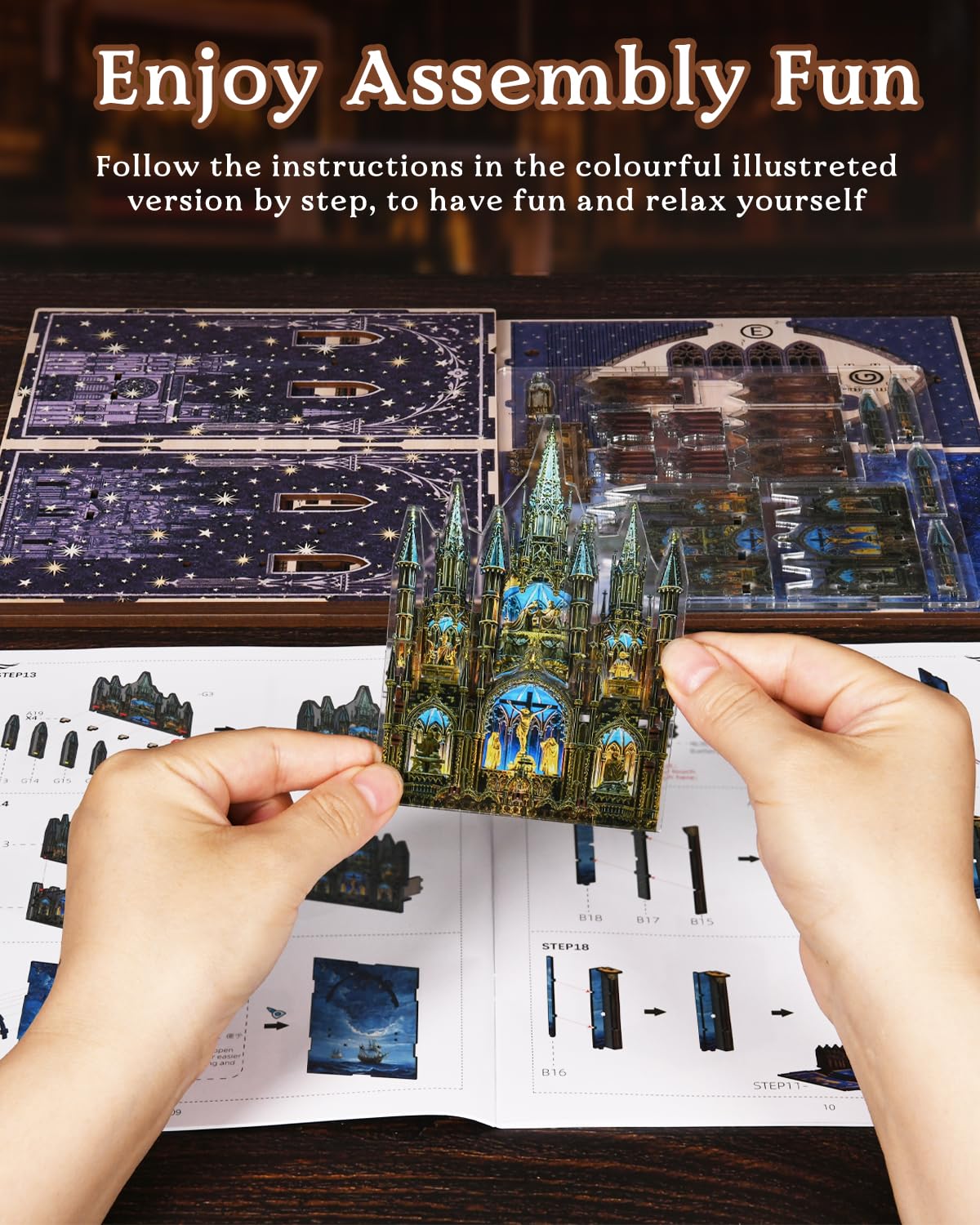 CCCDF DIY Wooden Dollhouse Kit, Gothic Revival Miniature with Dustproof Door, 2-3 Hours Assembly Creative Craft for Adults Bookshelf Decor (Notre-Dame Basilica