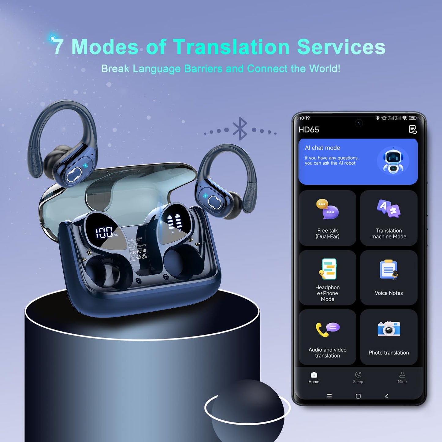 AI Translation Earbuds Real Time, 164 Language Translator Earbud 3-in-1 Bluetooth 5.4 Translator Earbuds with 6 Translation Modes, 75H Translators Headphones with APP for Travel Business, Royal Blue