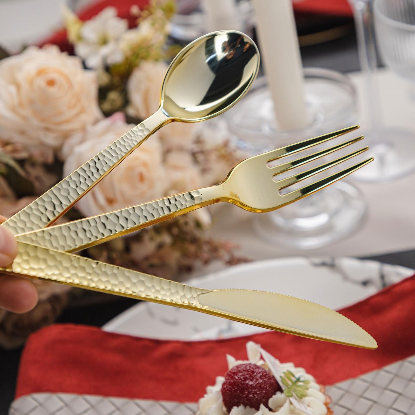 Pryntono 360PCS Gold Plastic Silverware, Heavy Duty Plastic Cutlery Set, Disposable Utensils, 120 Forks, 120 Spoons and 120 Knives for Party, Wedding and Events