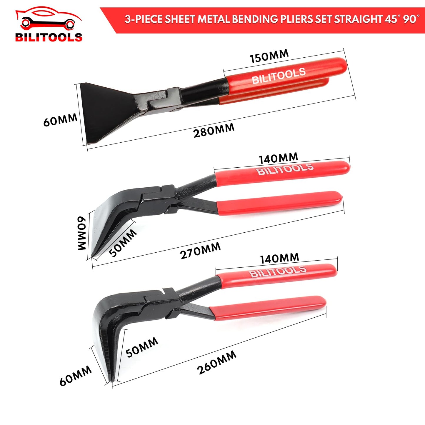 BILITOOLS 3-Piece Hand Seamer Sheet Metal Tools, Sheet Metal Bending Pliers Set Straight, 45° & 90° Bending Tool Comfort with Grip Handle