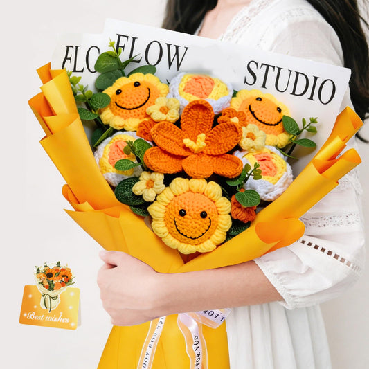 Bnoiiok Crochet Flower Bouquet, Handmade Knitted Flowers Bouquet,Orange Crochet Bouquet, Crochet Sunflower Unique Gift for Women Wife Teacher Birthday Anniversary Graduation Gifts