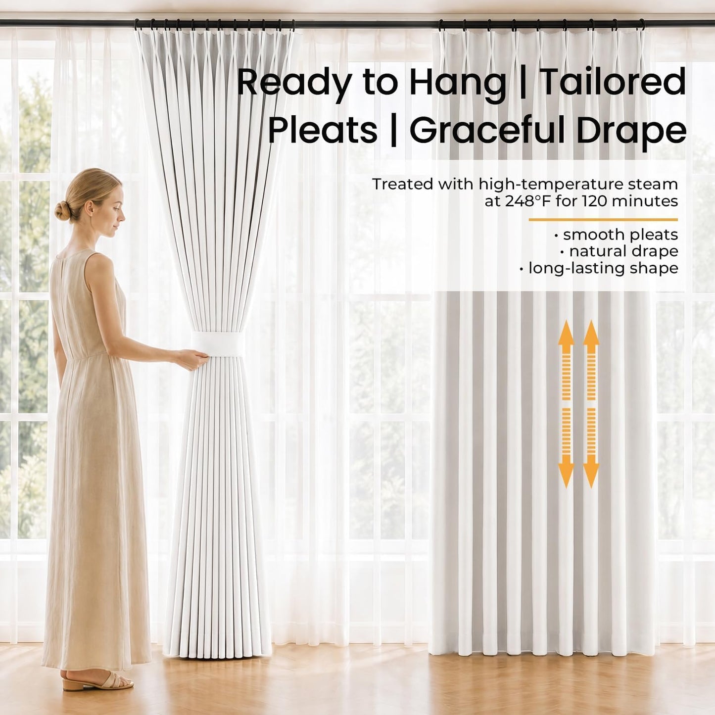 Topfinel 96 Inch Pinch Pleated Blackout Curtains Double Layer for Bedroom, Natural Beige Linen Blend 100% Blackout Sliding Door Panels, Cozy Modern Thermal Insulated Drapes 40" W*96" L