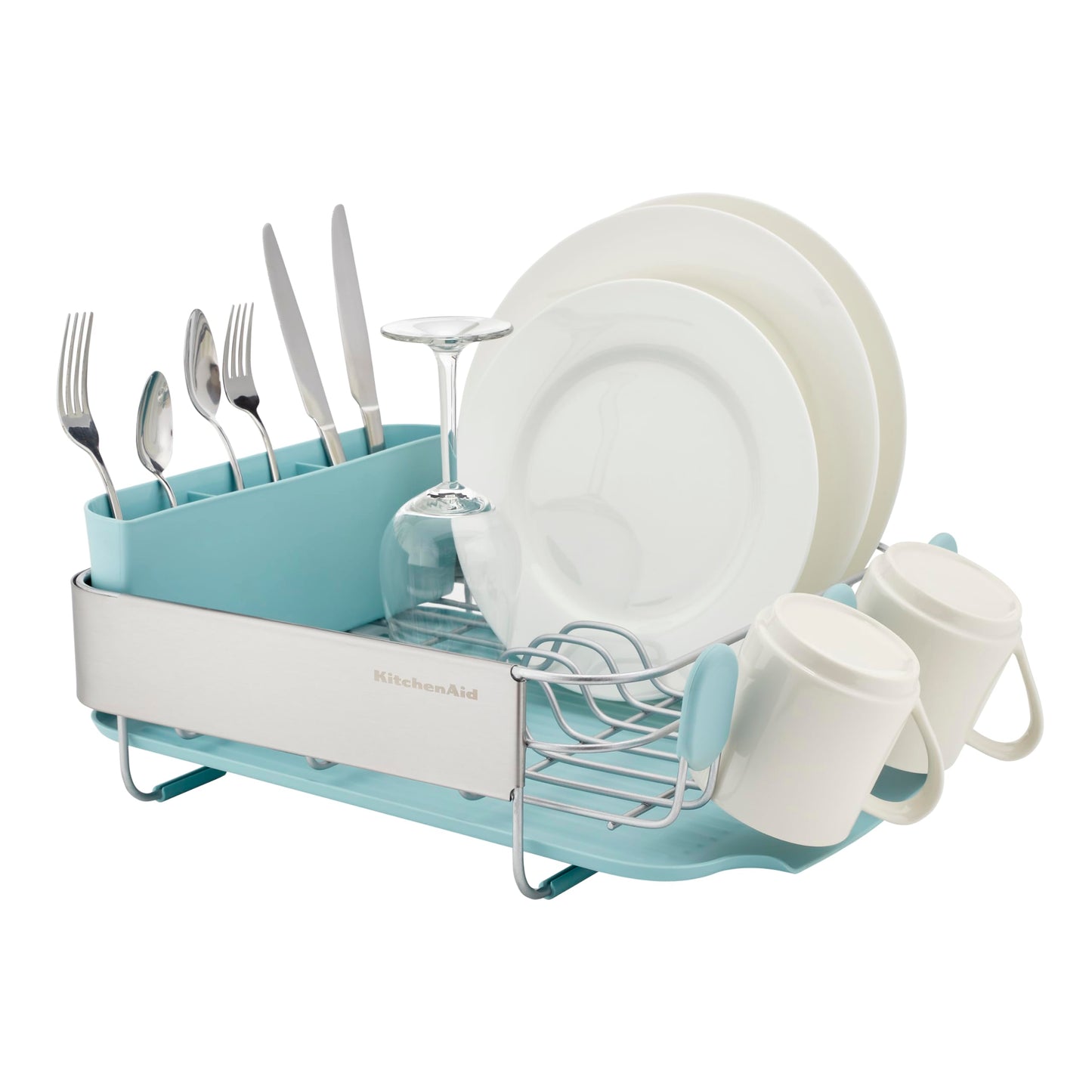 KitchenAid Compact Space Saving Rust Resistant Dish Rack with Removable Flatware Caddy and Angled Self Draining Drainboard, 12.63 x 15.87 x 5.54 Inch, Mineral Water
