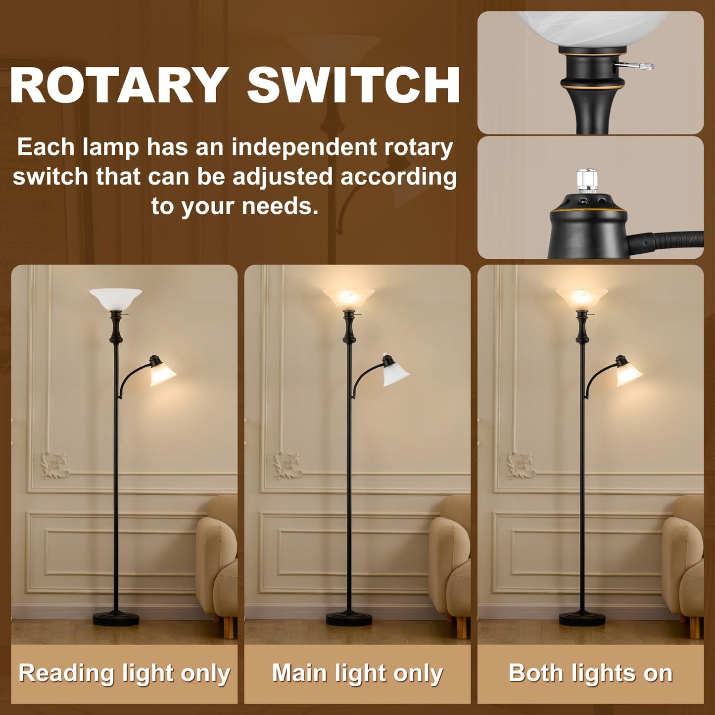 Leasgy 71'' Floor Lamps for Living Room, Tall Floor Lamp for Bedroom with Adjustable Angle Arc Reading lamp, Modern Torchiere Standing lamp with Glass Shade, Knob Switch, Bulb Included, Black