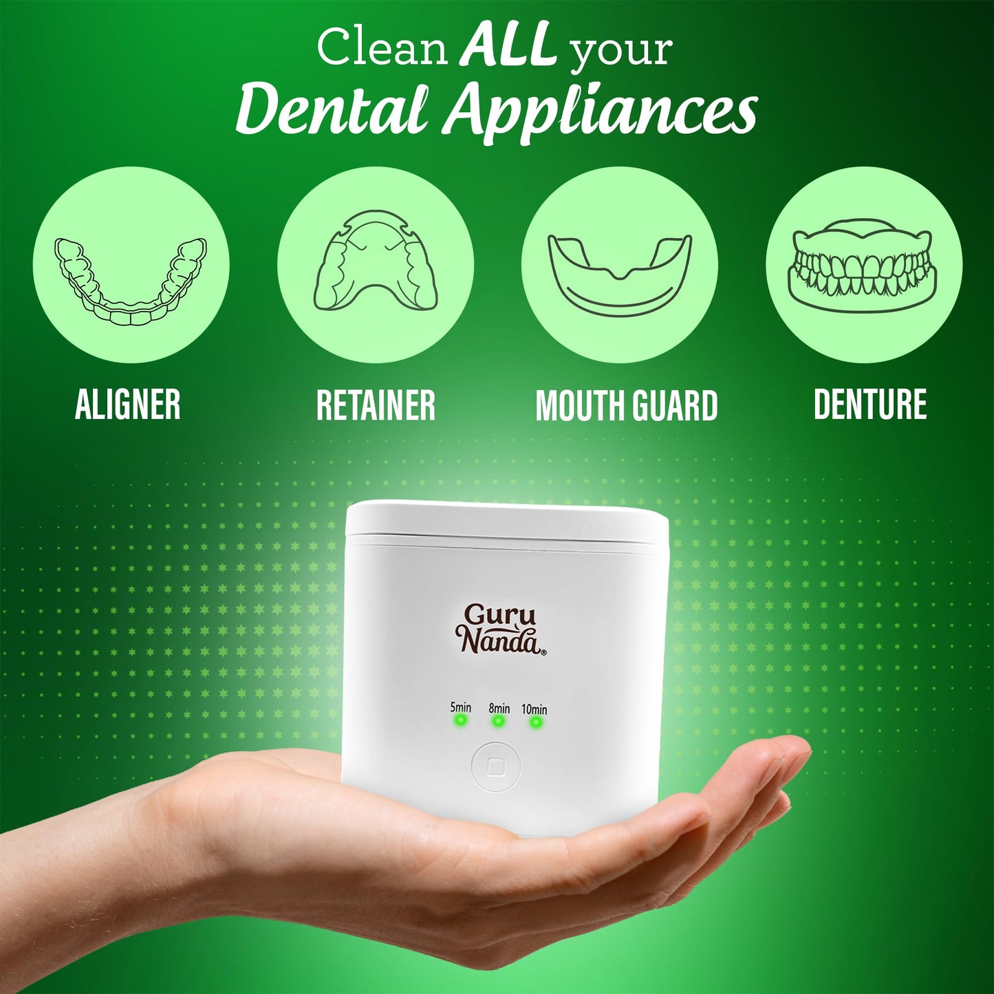 GuruNanda Retainer & Denture Cleaning Pod – Ultrasonic 45kHz Cleaner, 3 Modes for Retainers, Dentures, Aligners, Brushes & Teeth Cushions