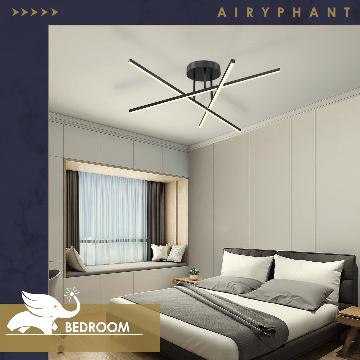 AIRYPHANT Modern LED Chandelier 24W Dimmable Black Semi Flush Mount Ceiling Light Fixture for Kitchen Dining Room Foyer Entry, 23.82"