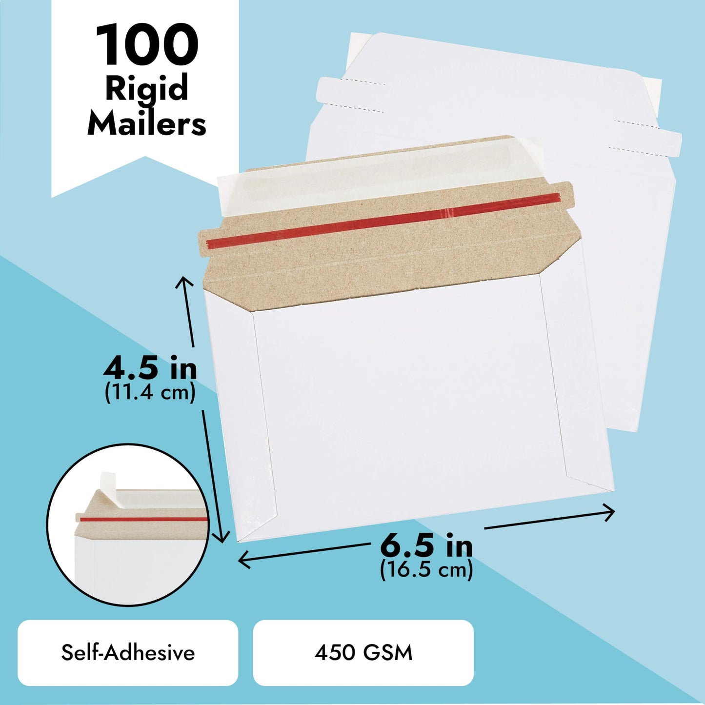 Mailing Envelopes - 6.5 x 4.5 in, White, 100 Count, Flat Peel & Seal - Thick Cardboard Envelopes, Photo Mailers & Trading Card Mailers