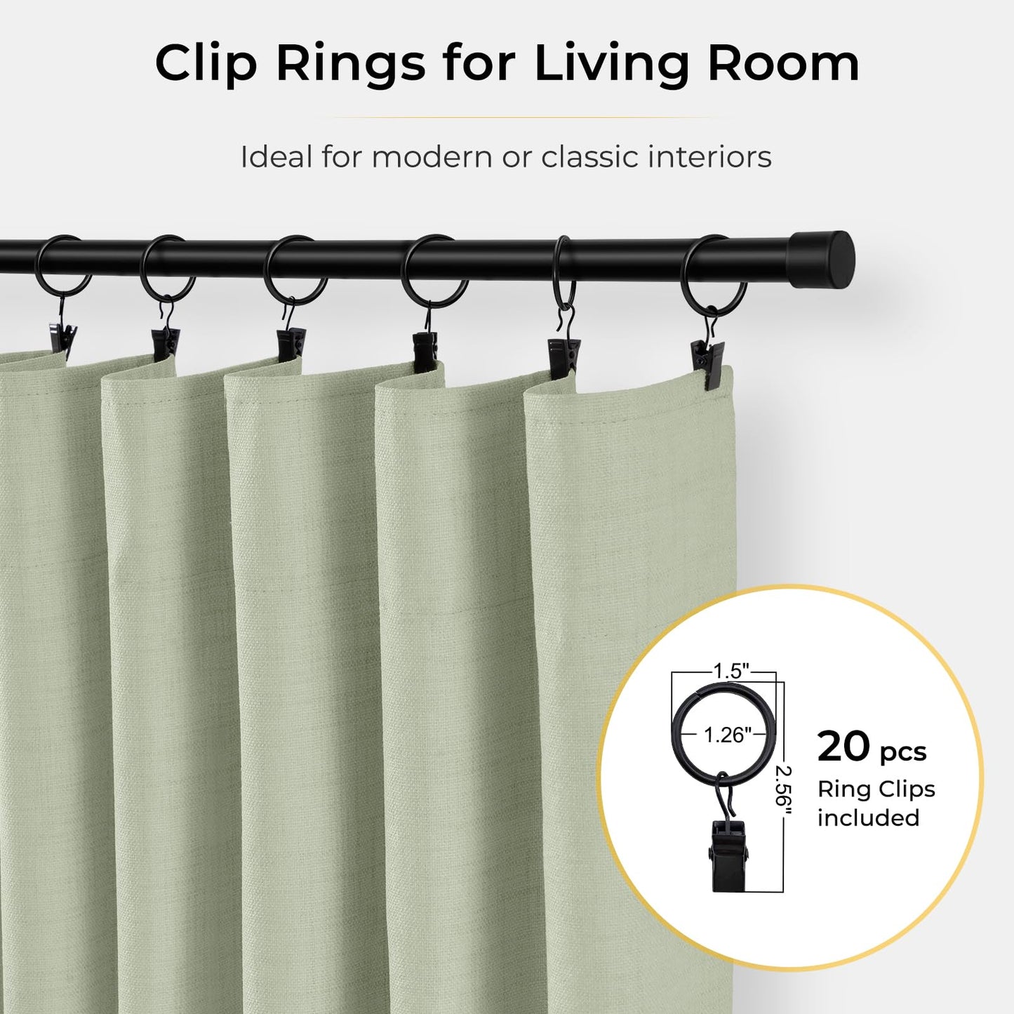 INOVADAY 100% Blackout Curtains for Bedroom, Black Out Curtains 84 Inch Long, Clip Rings Linen Blackout Drapes, Thermal Insulated Room Darkening for Living Room, 2 Panels - Sage,W50xL84