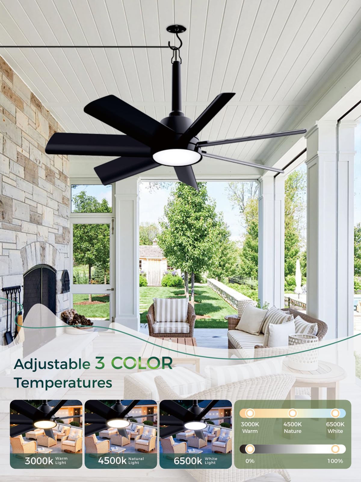 LANMEL 28 Inch Plug-In Outdoor Ceiling Fan with Light and Remote,IP65 Waterproof Hanging Fan Light with Hook,6 Speed,Reversible,3CCT,Dimmable,Portable Gazebo Fan for Patio,Canopy,Porch,Rv(Black)