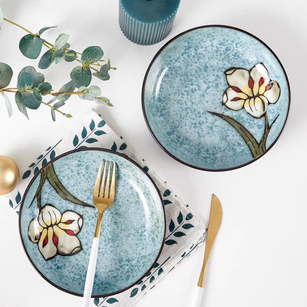 Ceramic Deep Plates For Kitchen, 8.5 in - Plates Set of 4 - For Steak,Salad, Pasta,Appetizer, Serving etc - Dishwasher, Microwave, and Oven Safe - For Breakfast, Lunch and Dinner (Red+Blue+Pink+Green)