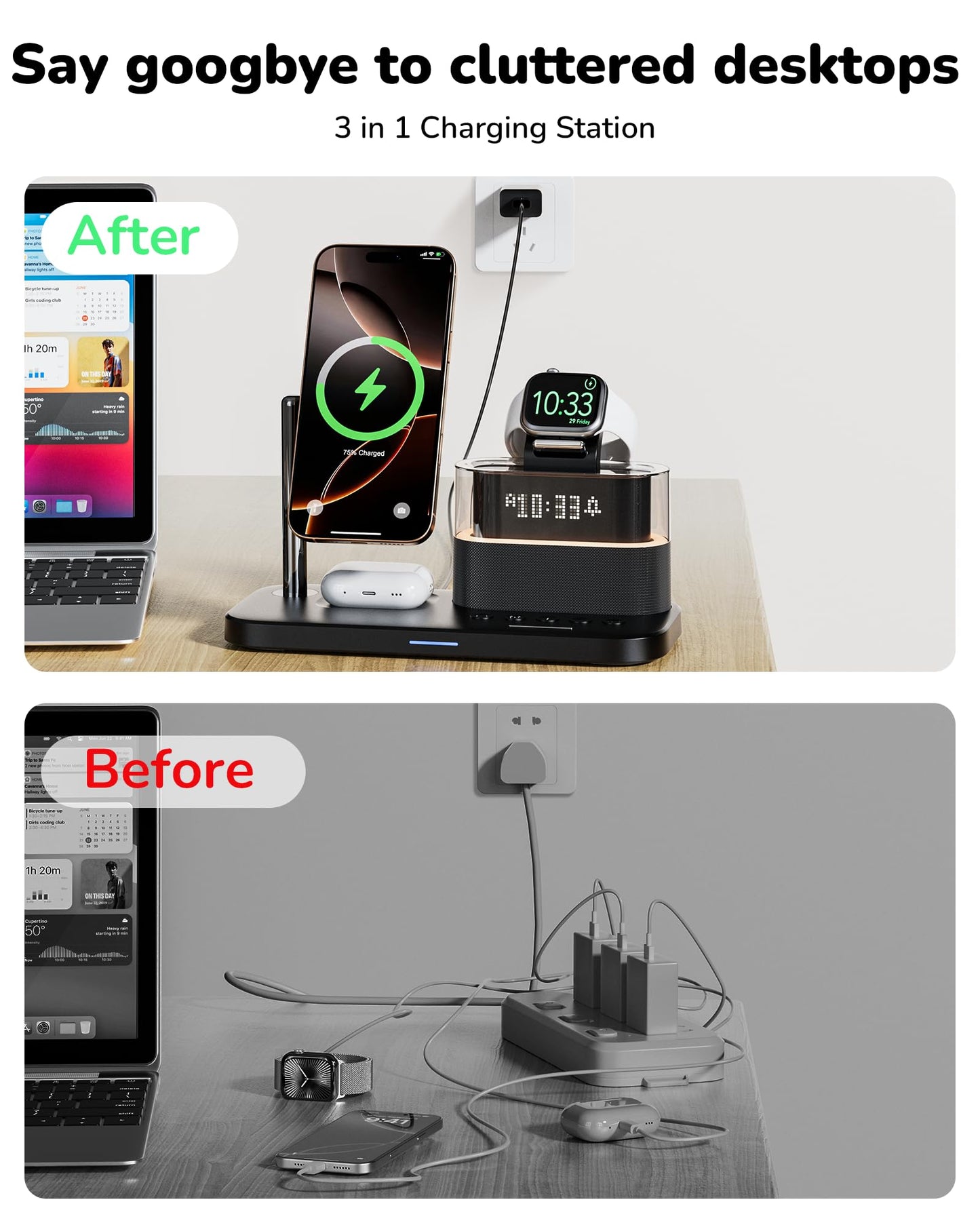 5 in 1 Wireless Charging Station for Apple,Mag-Safe Charger with Alarm Clock Night Light for Multiple Devices,Nightstand Charging Station for iPhone 17/16/15/14/13/12,Apple Watch Series,Air-Pods