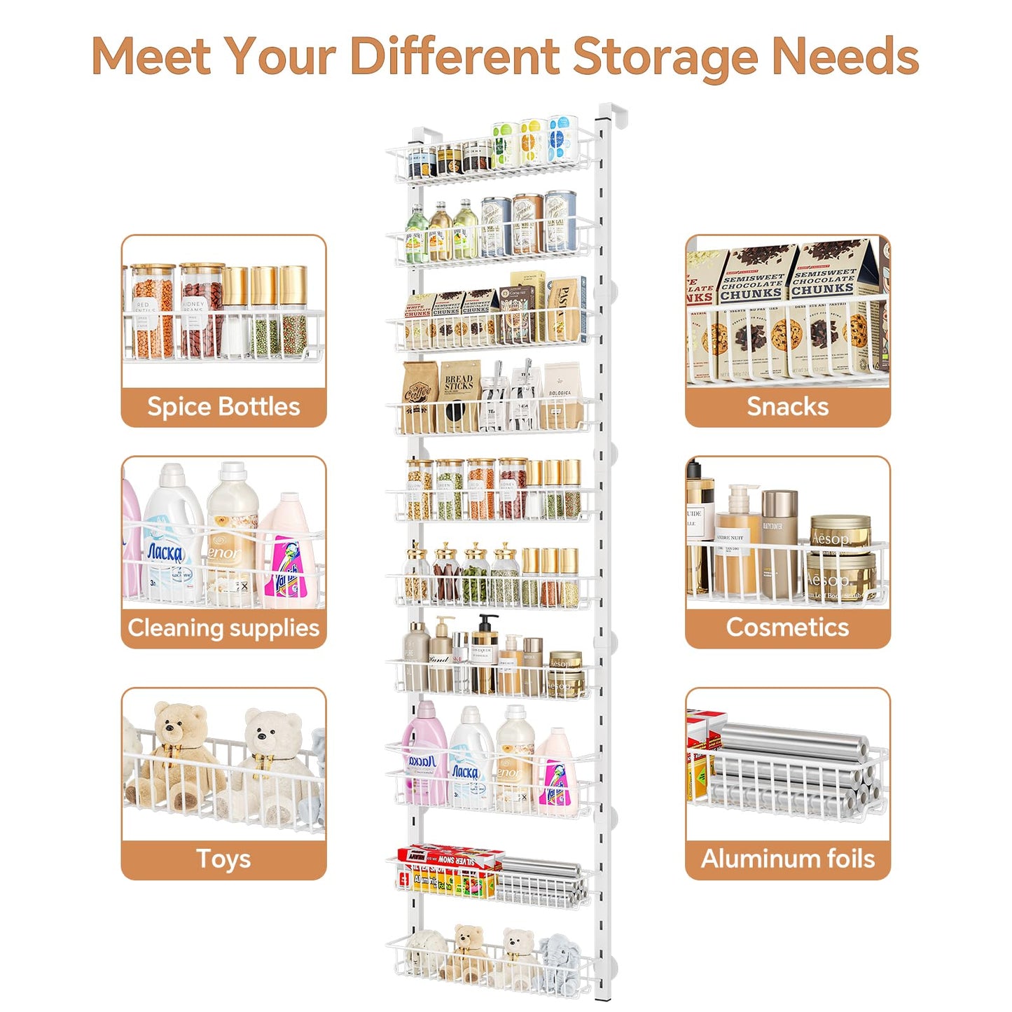 MIAOLI Over the Door Pantry Organizer, 10-Tier Adjustable Spice Rack Cabinet Door Shelves, Hanging Seasoning Organizer for Kitchen Bathroom, Laundry Room Organization, White
